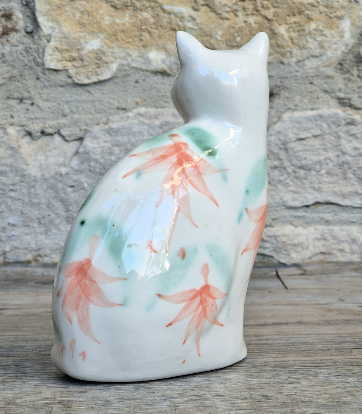 Vintage Moorland Pottery Seated Cat Figurine Hand Painted Fuchsia Floral Staffordshire Art Pottery