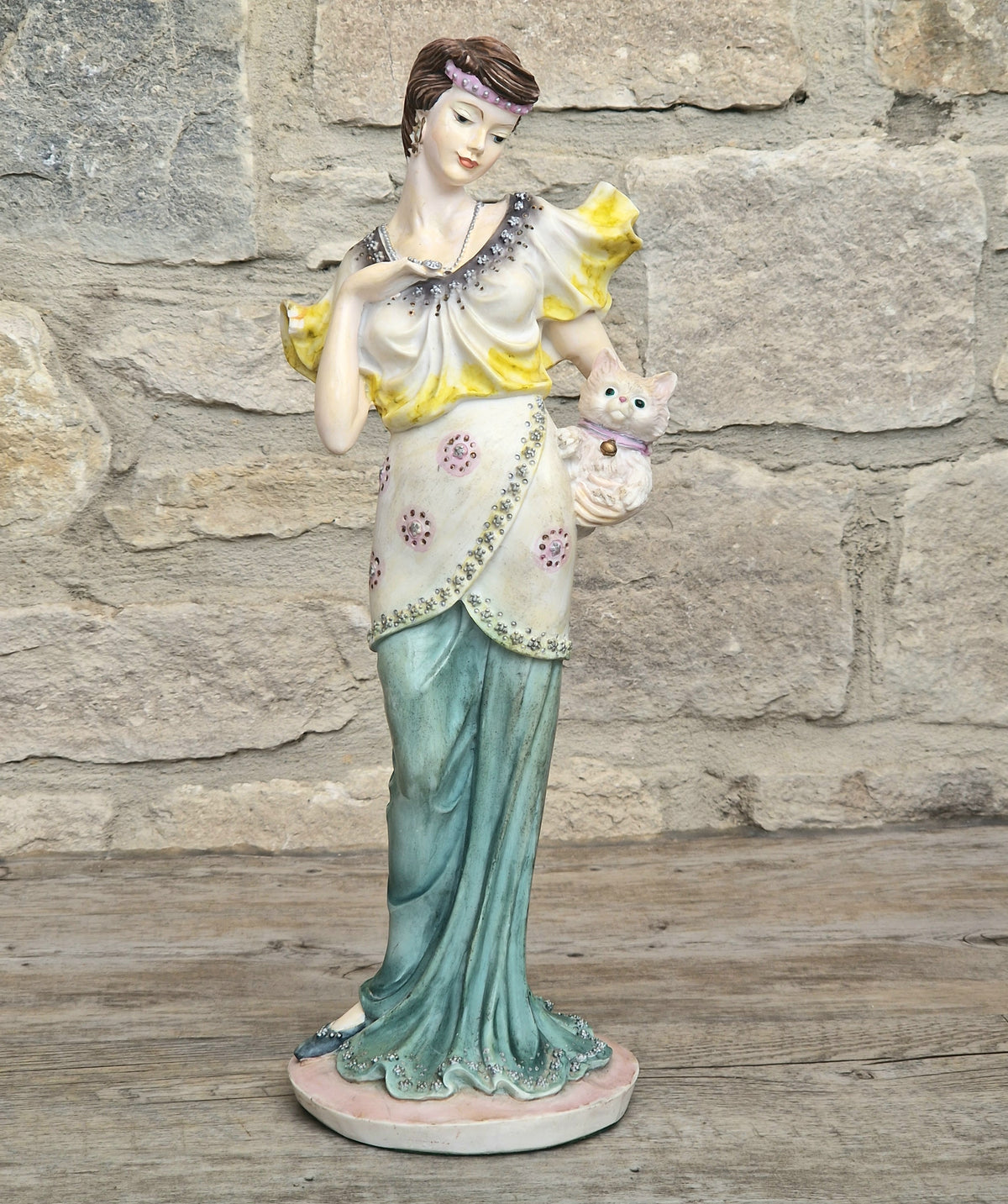 Vintage 14” Art Deco Style Resin Lady Figurine with Cat, Elegance Statue Angelica Collection, 1.46kg Heavy Mantle Sculpture 36cm