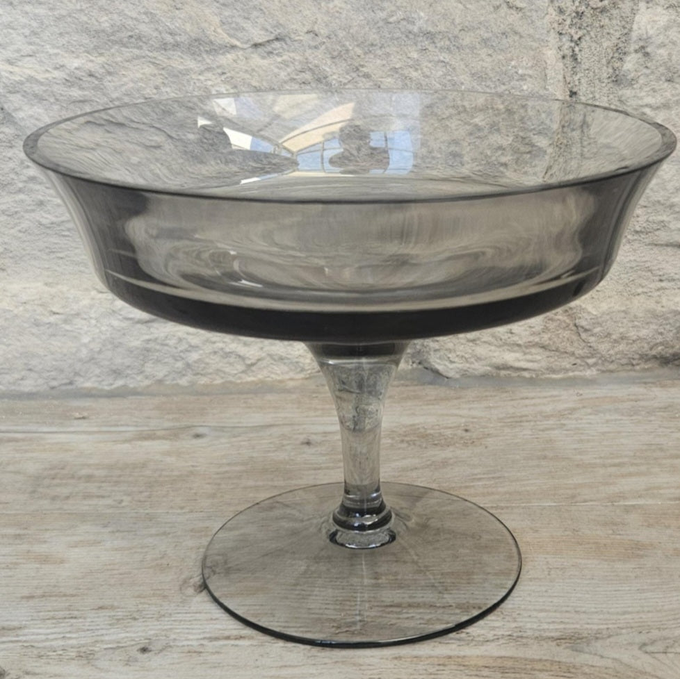 Midcentury Small Glass Compote Tazza By Wedgwood Smoky Glass Made in England Stamped