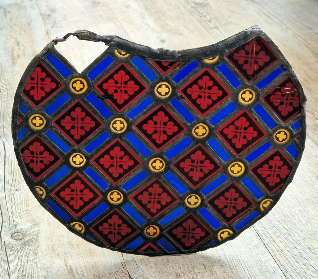 Rare Antique Early 19th Century French Gothic Revival Stained Glass Roundel Panel - Medieval Style Diaper Pattern