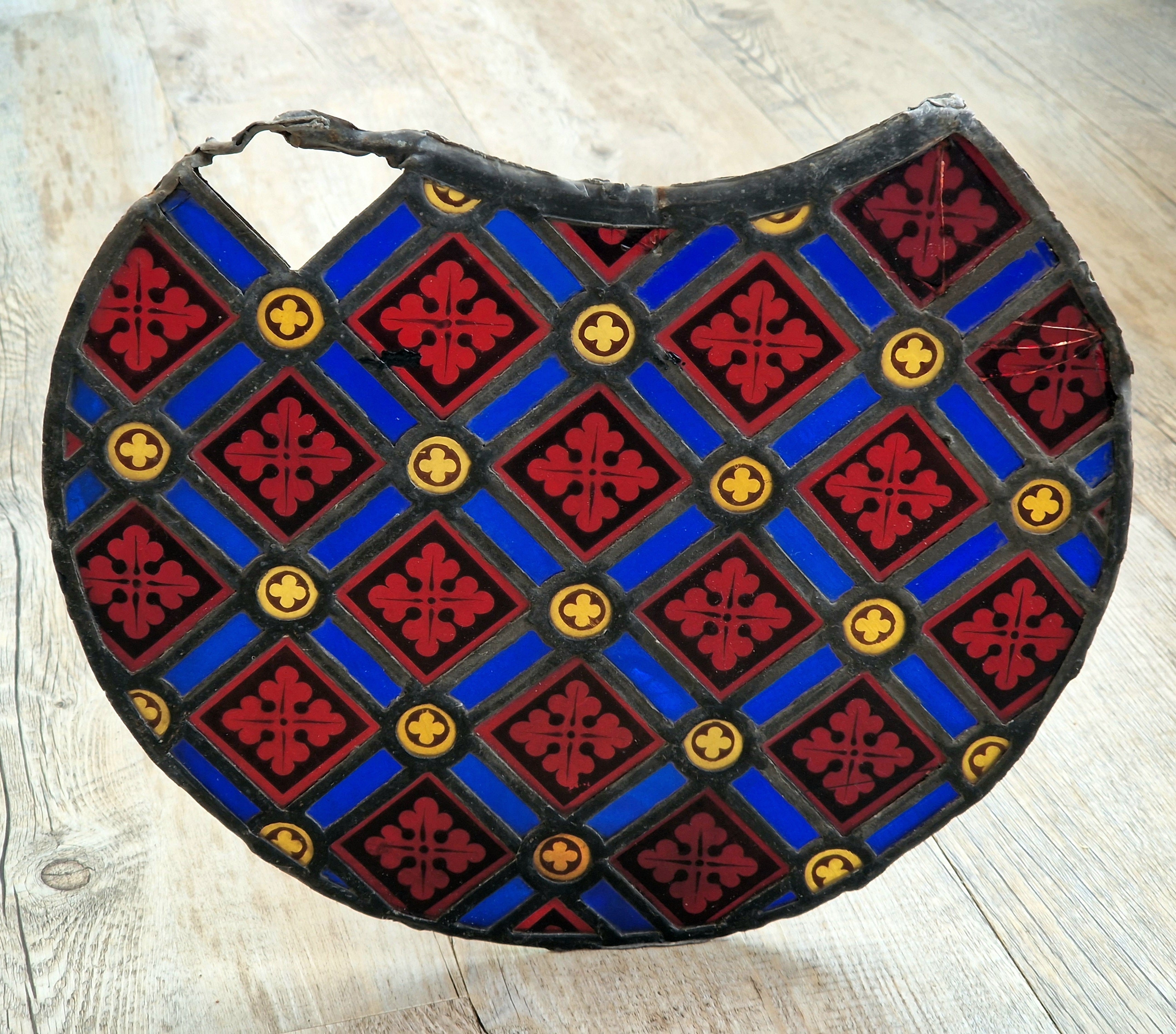 Rare Antique Early 19th Century French Gothic Revival Stained Glass Roundel Panel - Medieval Style Diaper Pattern