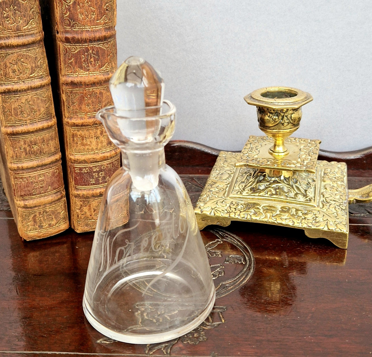 Antique Engraved Glass Worcester Condiment Bottle c.19th Century Fine Copper Wheel Engraving  Glass Stopper English