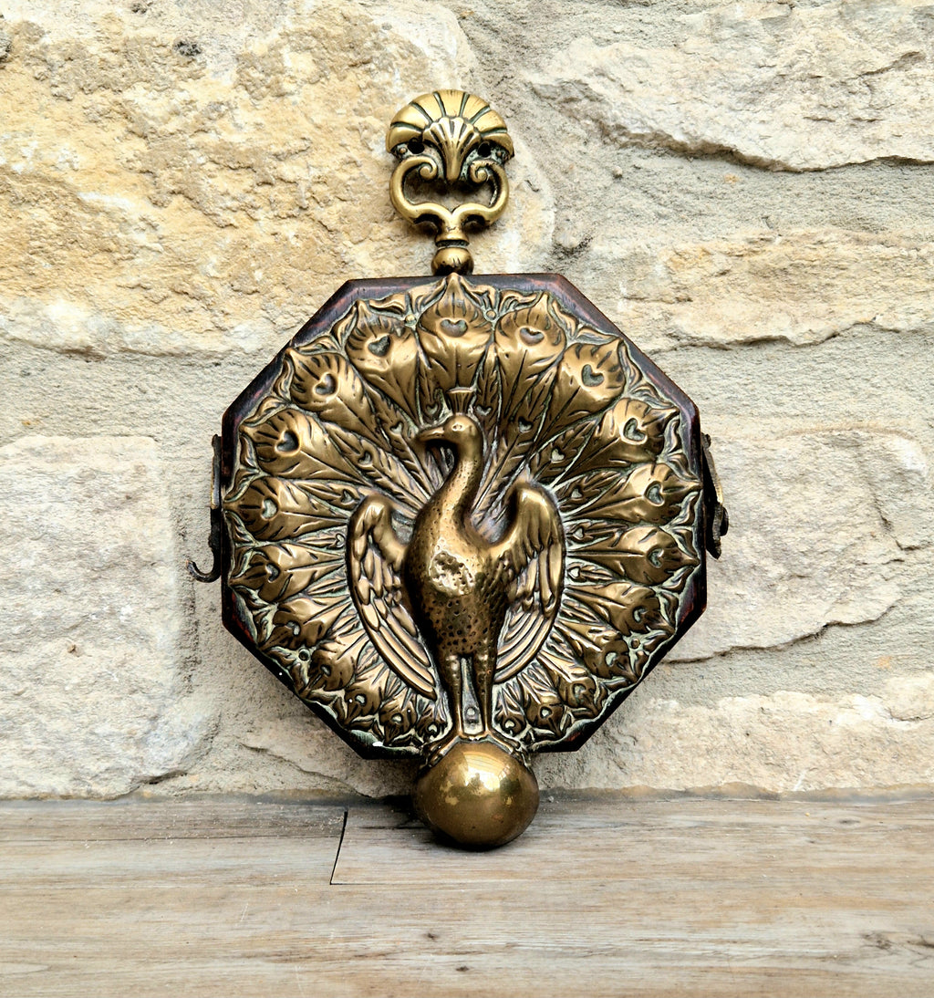 Fine Rare Antique Repousse Brass Peacock Finial English Aesthetic Movement Fumed Oak Decorative Plaque