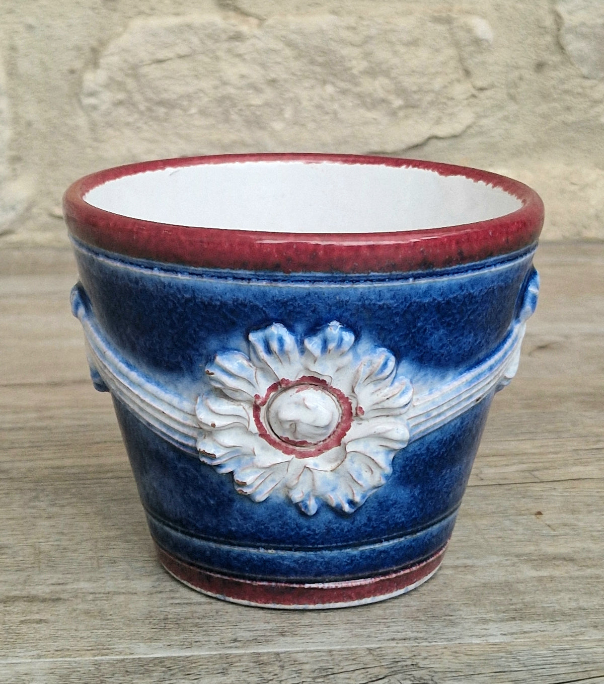Italian Majolica Ceramic Blue & Red Floral Planter Vase Vintage