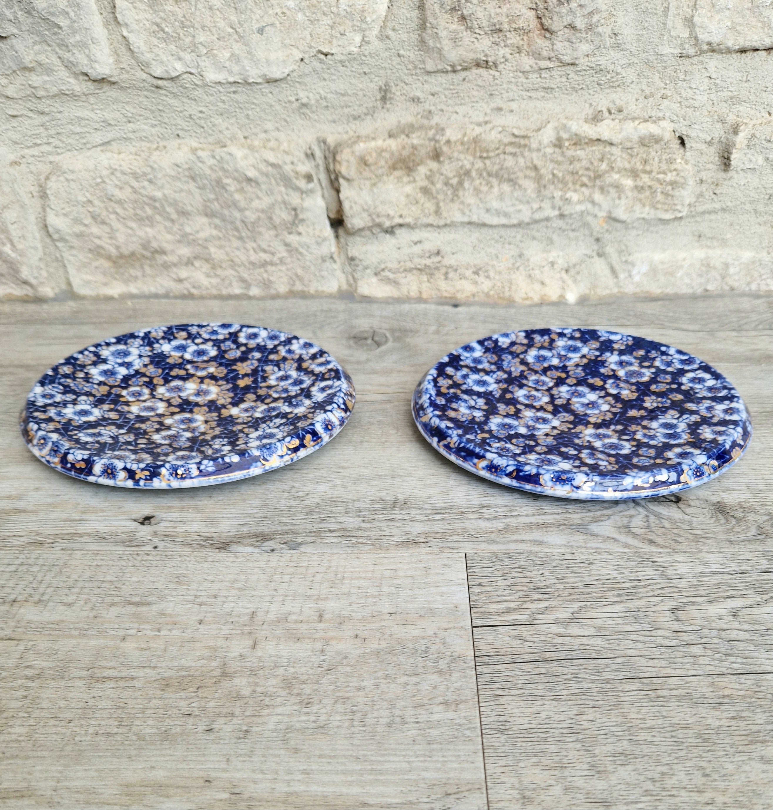 Pair of Rare Antique Trivets Gilt Blue & White Hawthorn Pattern Round Stoneware Trivets 17cm