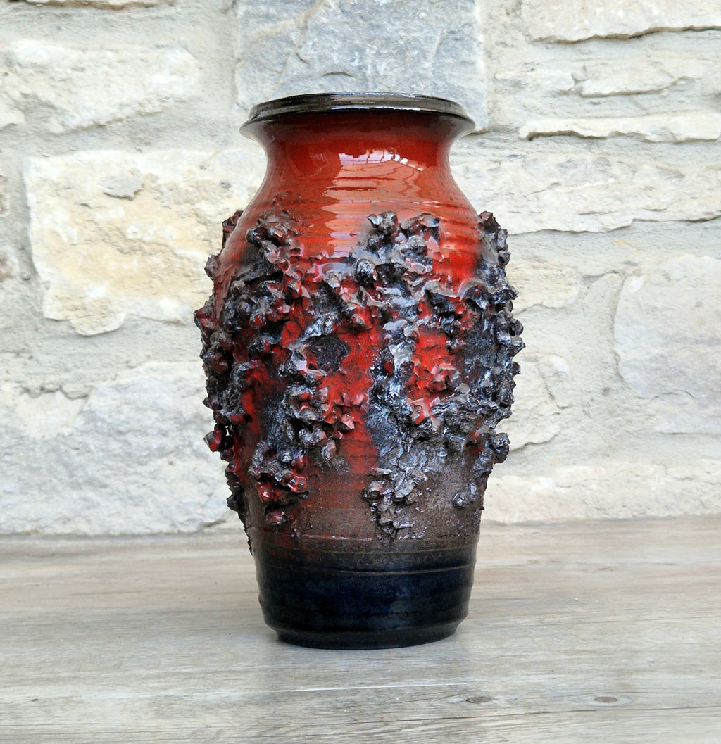 Mid-Century Glit Iceland Lava Pottery Vase Red 23.5cm Volcanic Studio Ceramic