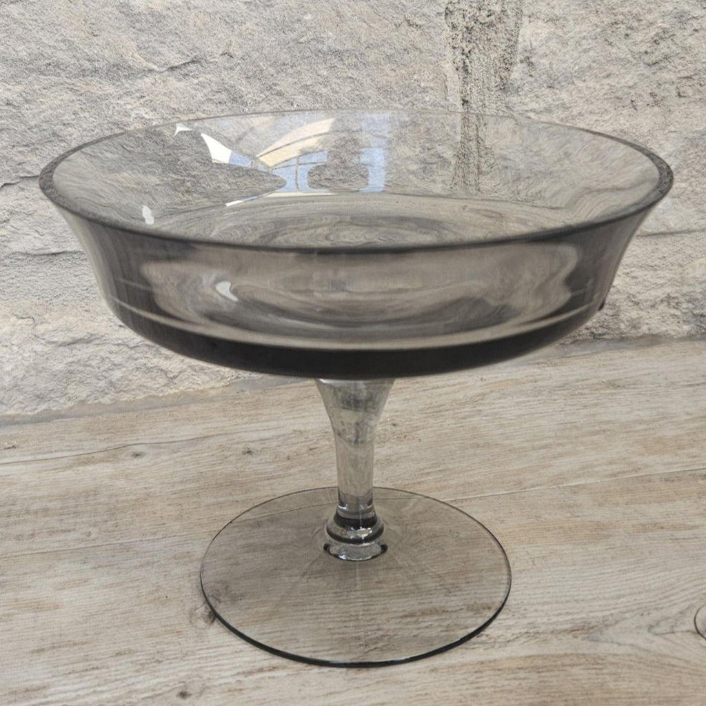 Midcentury Small Glass Compote Tazza By Wedgwood Smoky Glass Made in England Stamped
