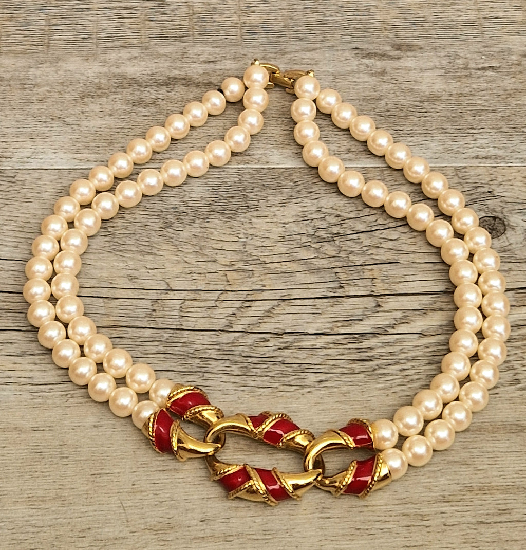 Vintage Double Strand Faux Pearl Necklace with bold gold and red enamel Statement Embellished Richelieu 40cm