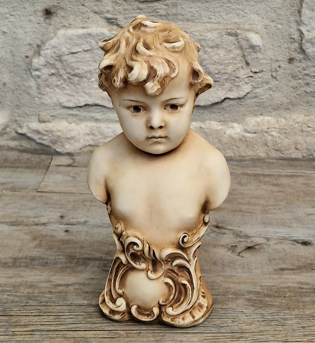 Antique NeoClassical Continental Patinated Bisque Porcelain Putti Boy Bust Figure Ornament