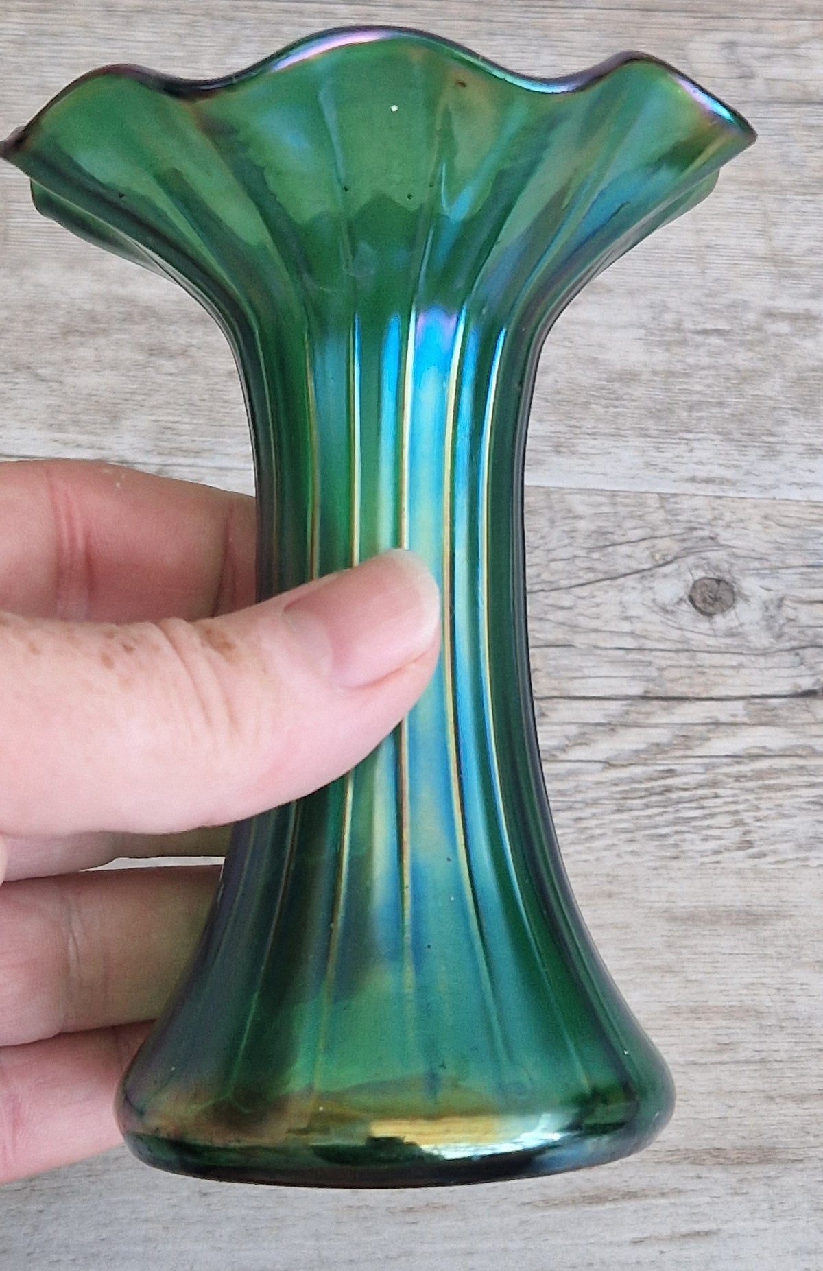 Antique Loetz Art Nouveau Creta Glatt Iridescent Green Glass Fluted Vase Polished Pontil c1900