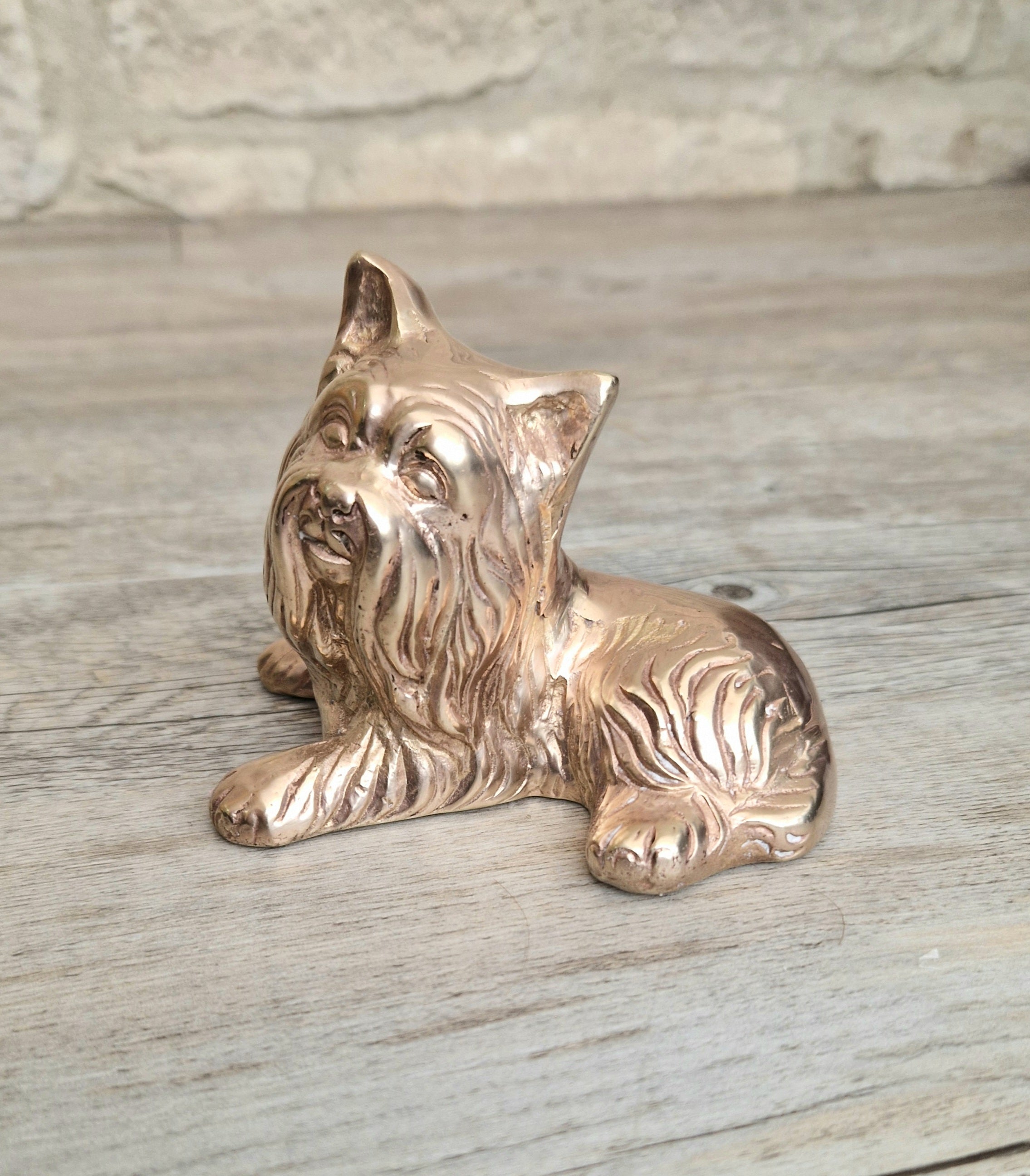Vintage Solid Brass Yorkshire Terrier Figure Ornament 10cm
