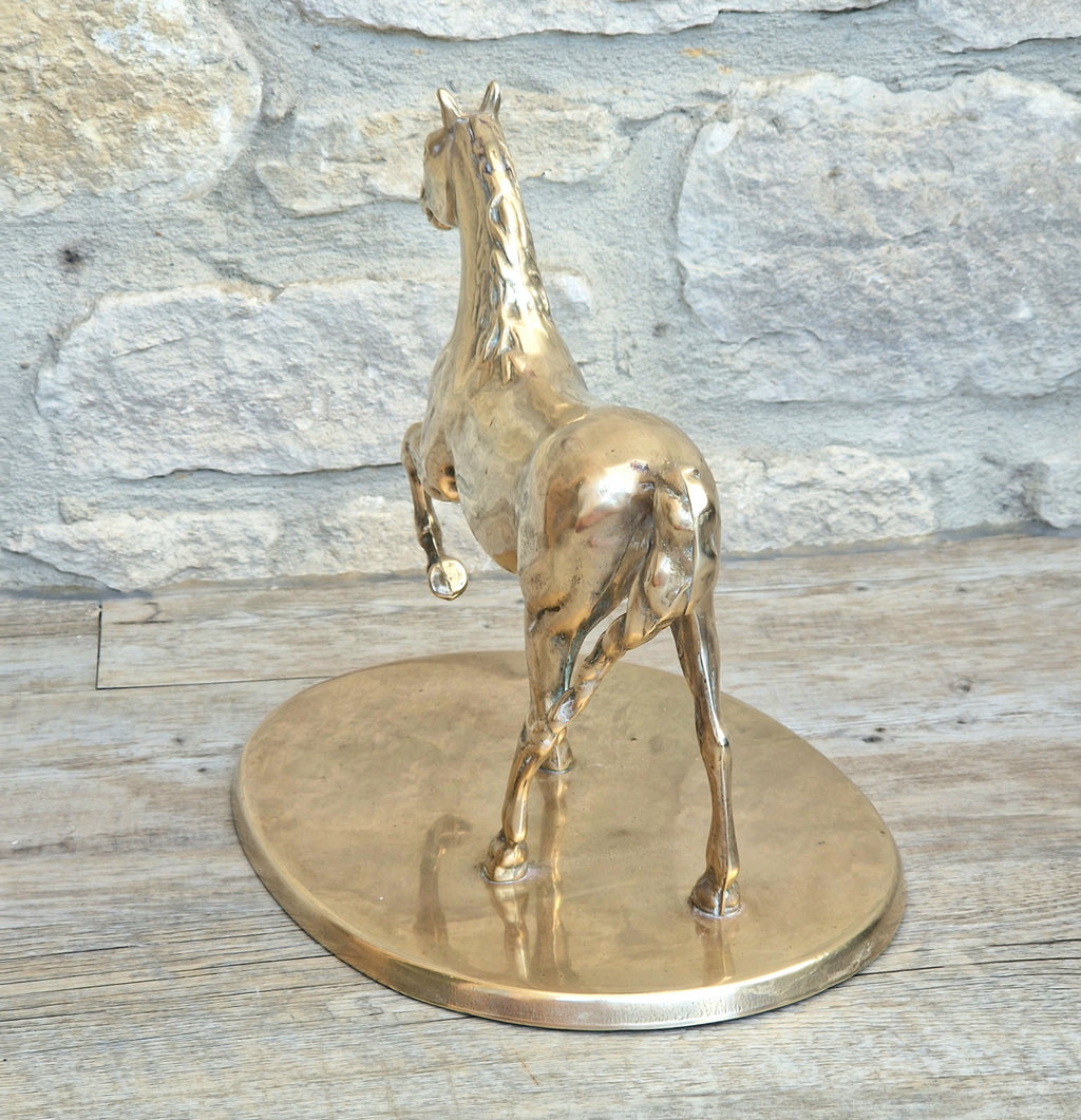 Vintage Solid Brass Horse Statue 22cm Large Heavy Equestrian Trotting Figurine On Base 1.9kg