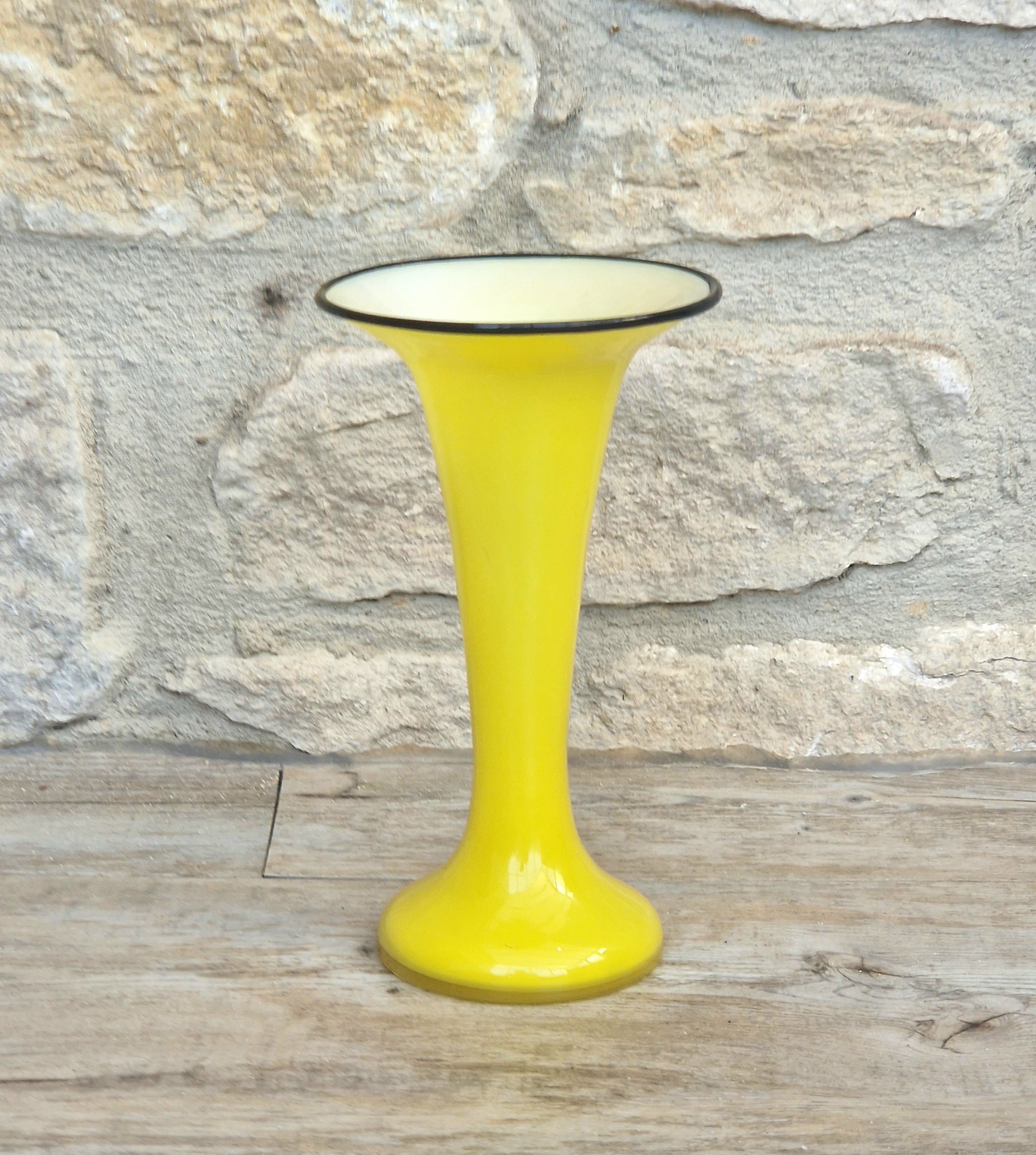 Vintage Bright Yellow Tango Glass Trumpet Vase with Black Rim 16cm