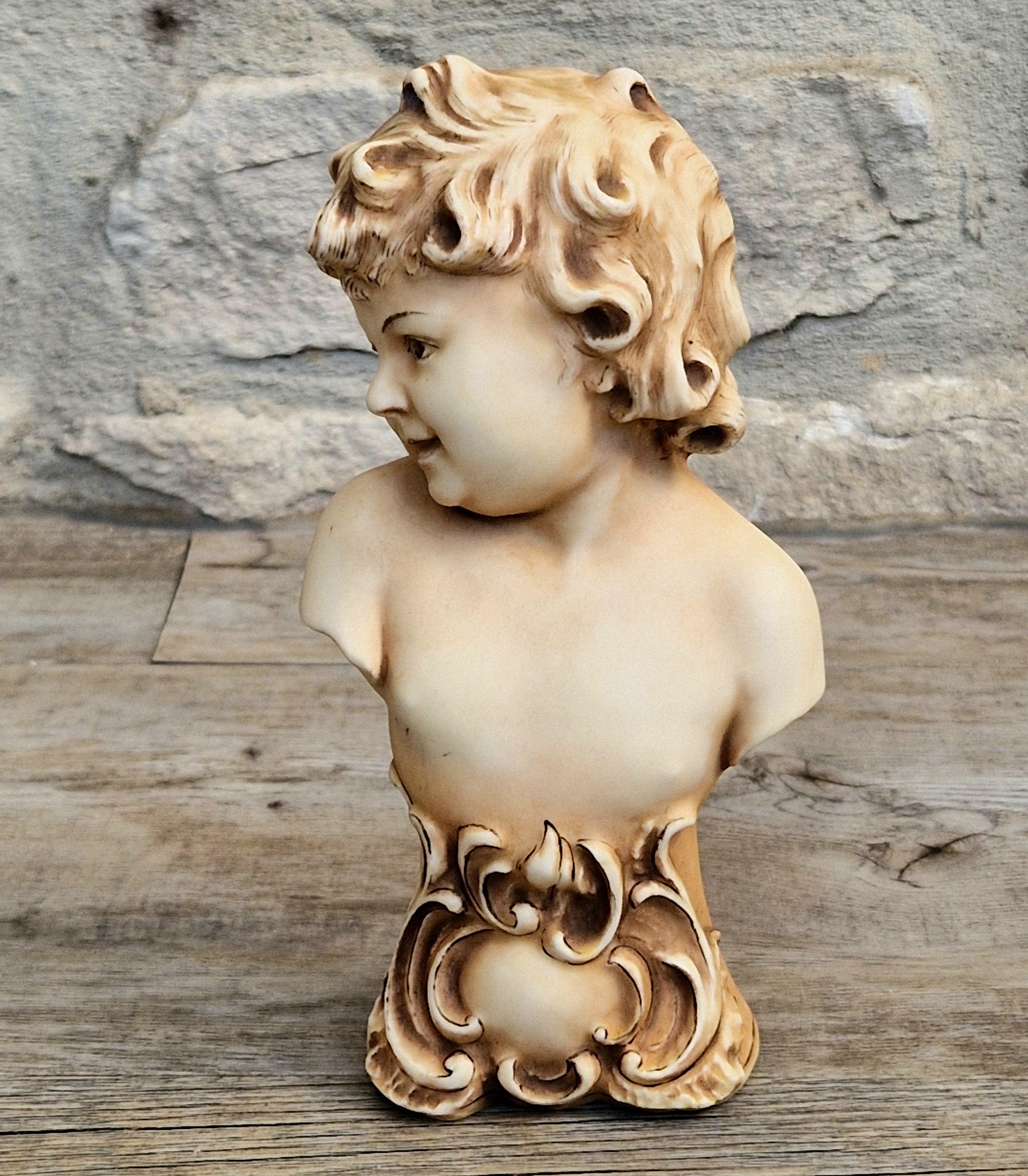 Antique NeoClassical Continental Patinated Bisque Porcelain Putti Child Bust Figure Ornament