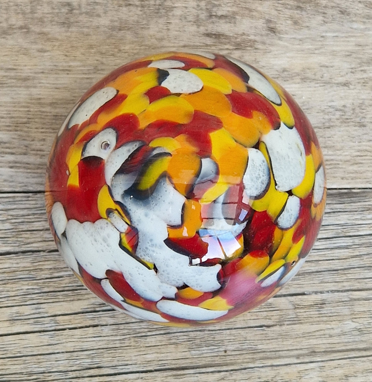 Vintage Orange, Red & White Speckled Mdina Art Glass Ball Paperweight Signed
