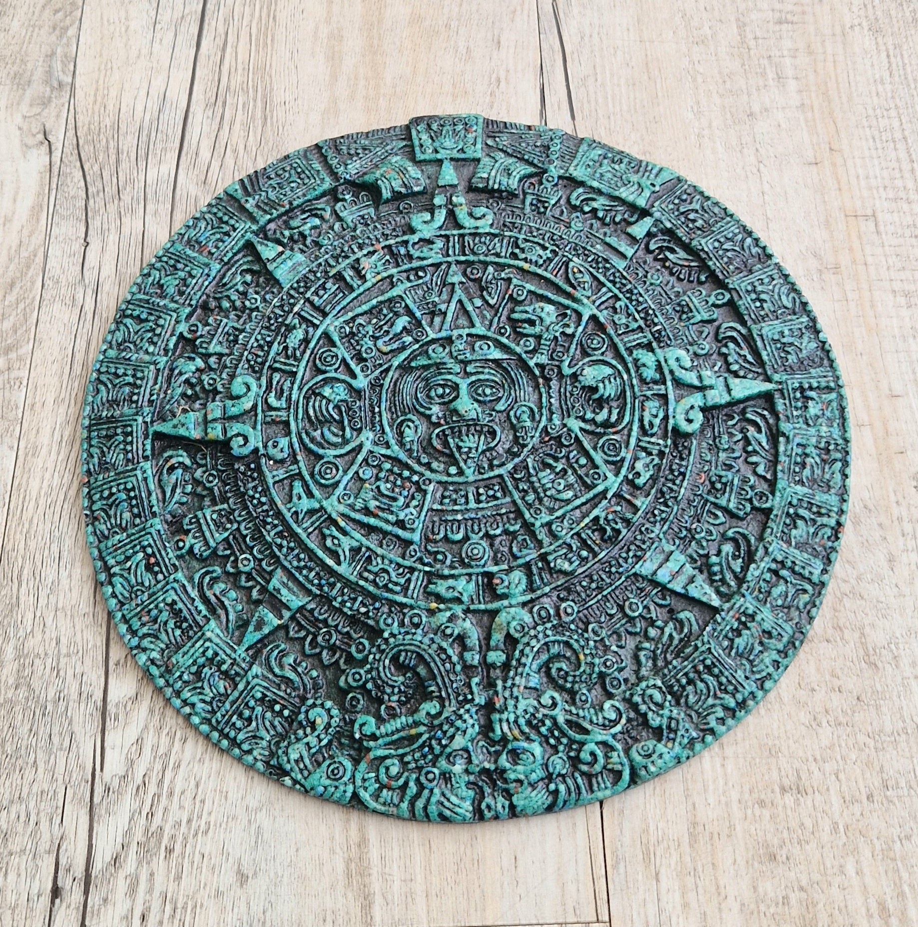 Vintage Green Malachite Composite Aztec Sun Stone Calendar Stone Wall Plaque