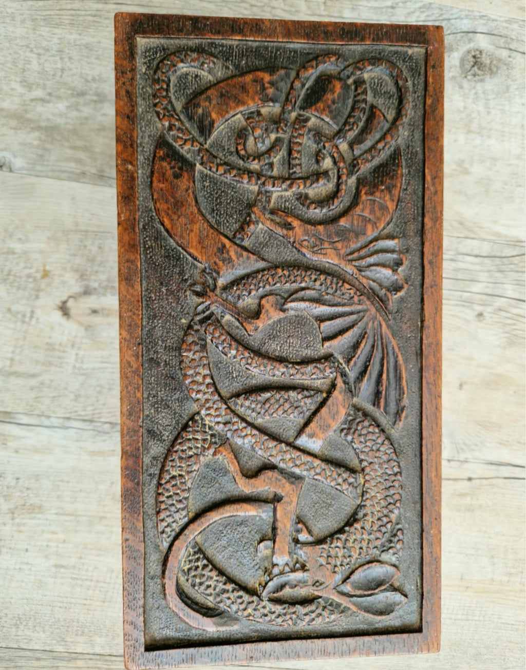 Antique Oak Dragon Foot Stool Carved Celtic Design, Rustic Foldable Furniture