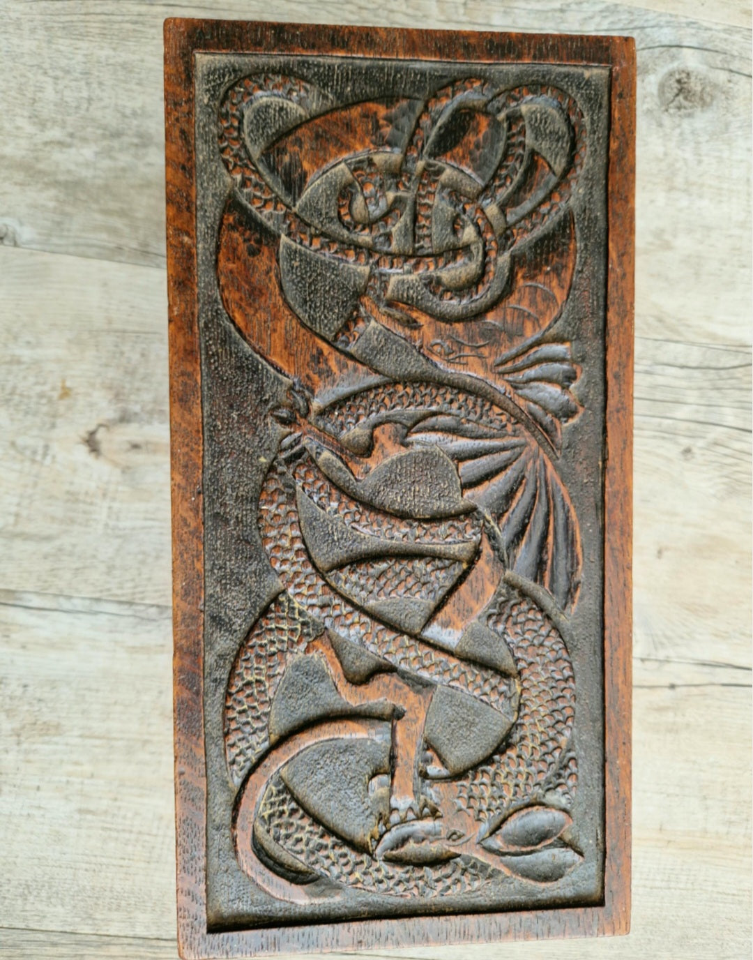 Antique Oak Dragon Foot Stool Carved Celtic Design, Rustic Foldable Furniture