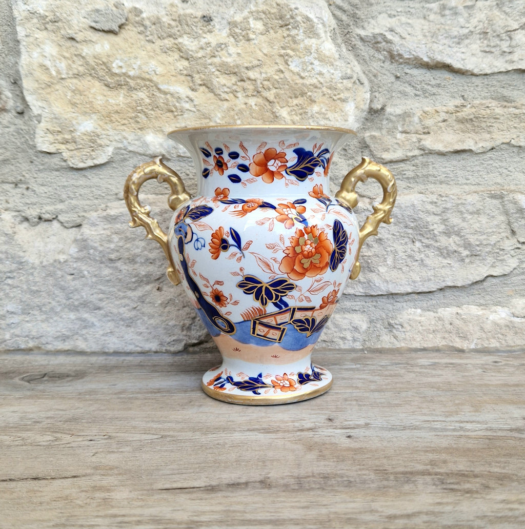 Early Mason's Ironstone China Vase Japan Fence Pattern, Gilt Handles 1820