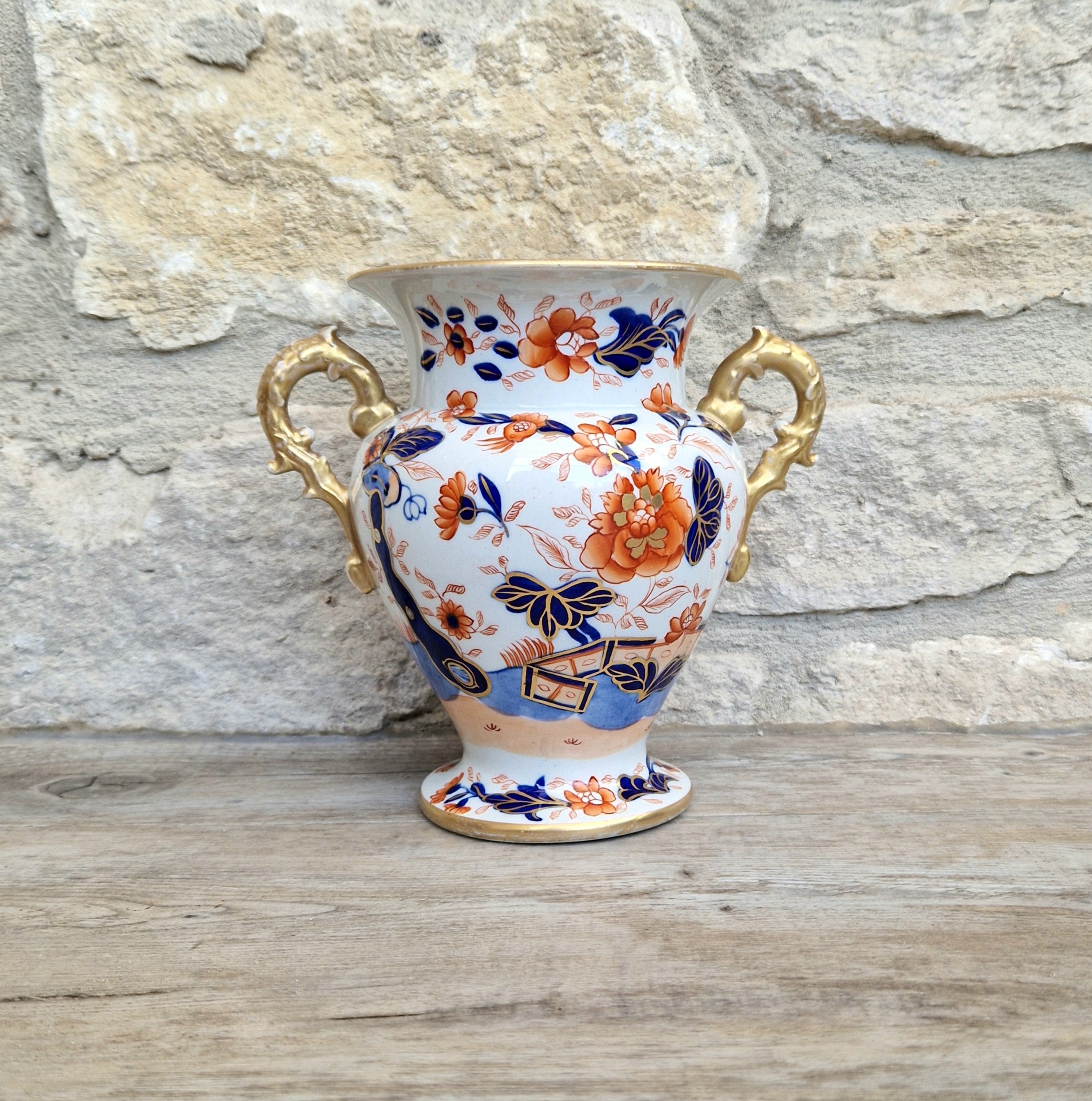 Early Mason's Ironstone China Vase Japan Fence Pattern, Gilt Handles 1820