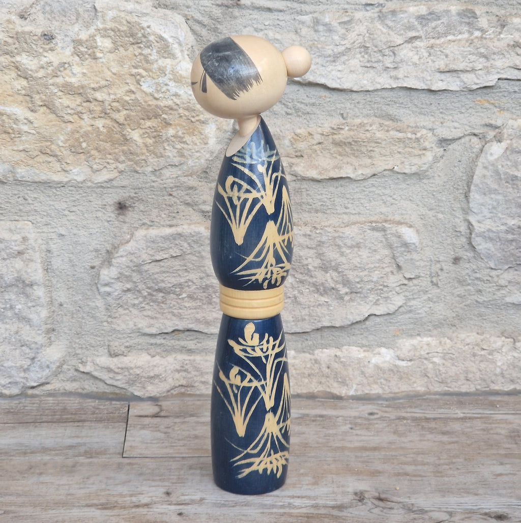 Vintage Japanese Sosaku Kokeshi Doll by Sato Suigai Signed Semishigure Blue Wooden Folk Art 25cm