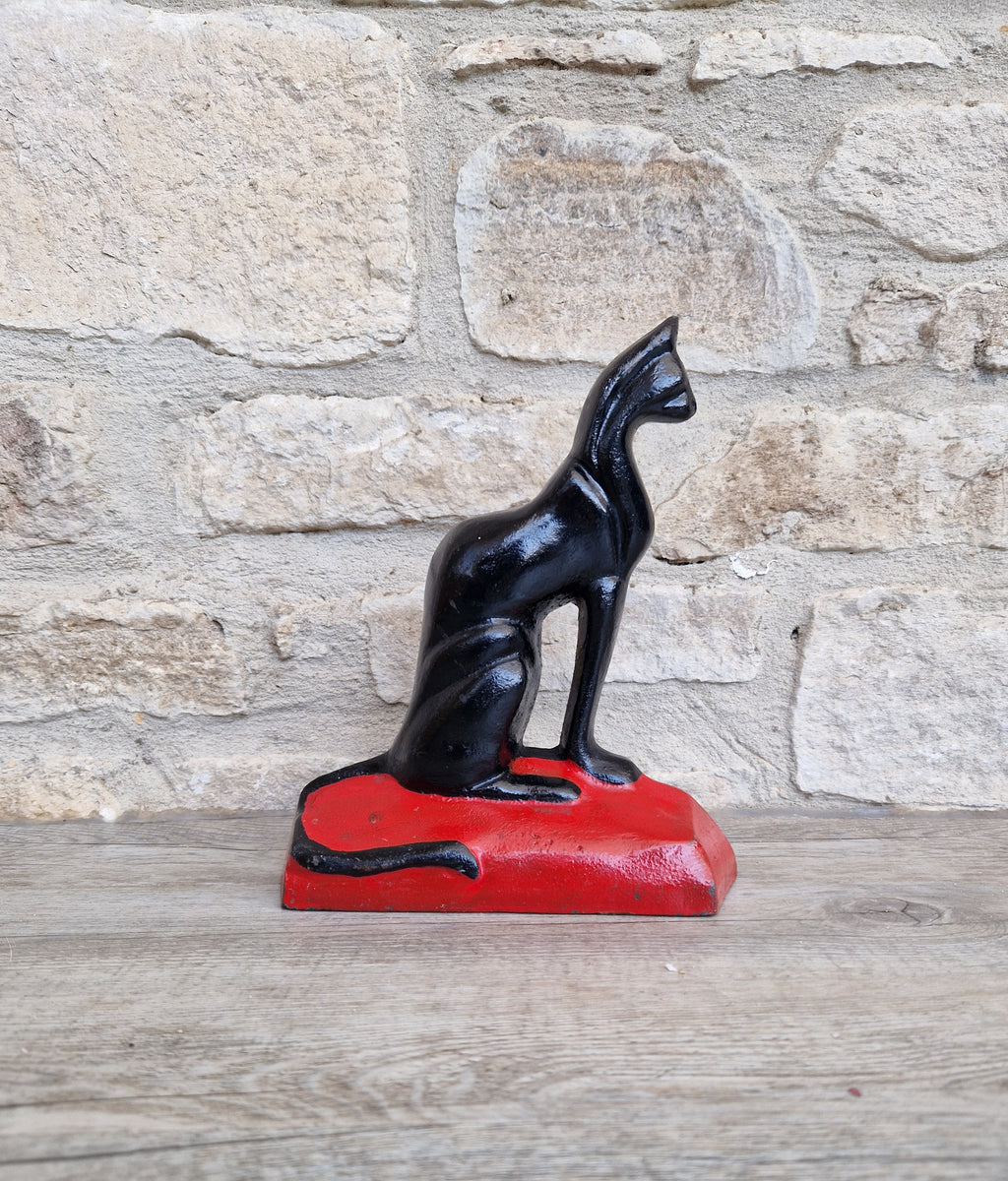 Antique Rare Cast Iron Art Deco Black Sitting Cat Doorstop