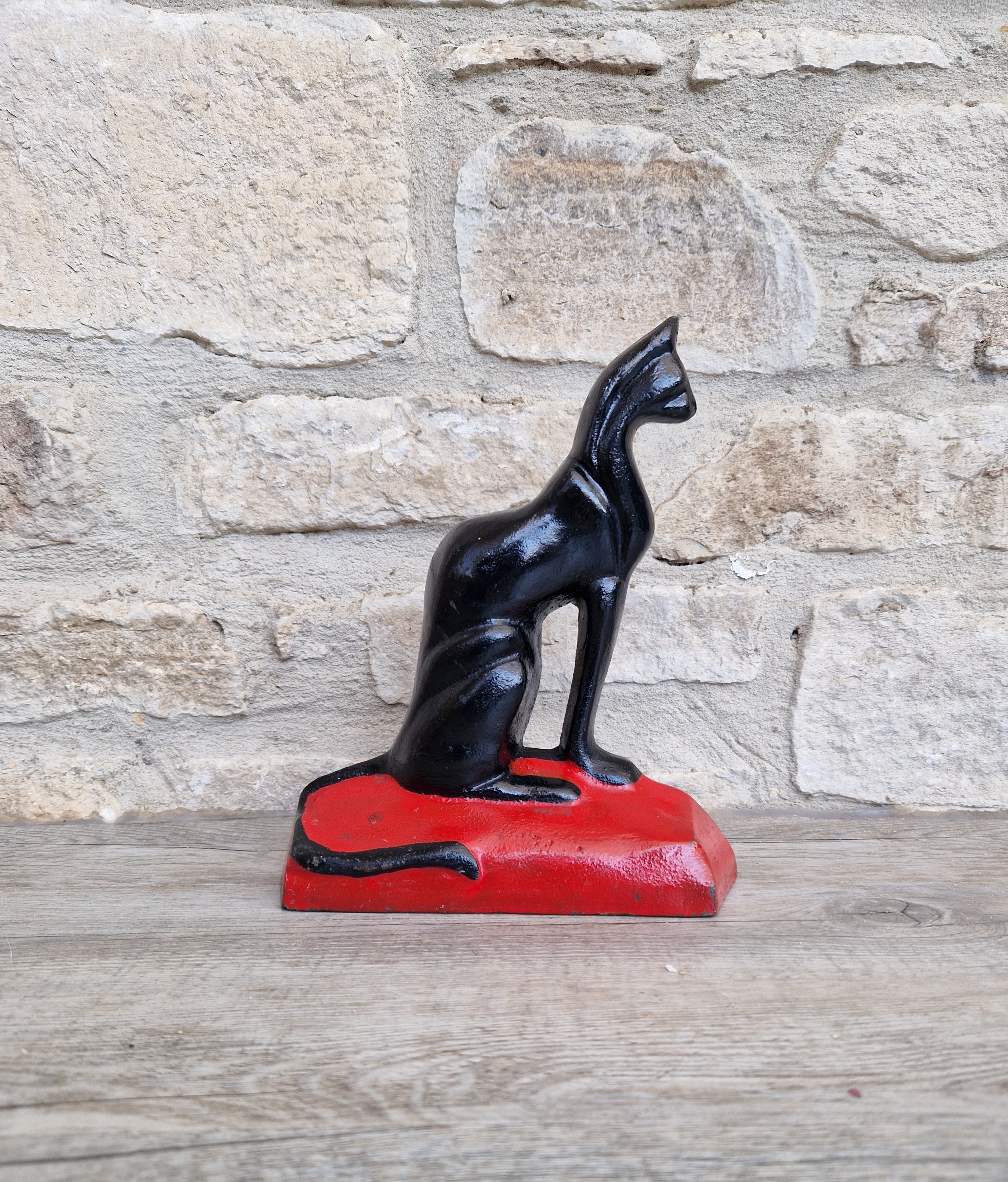 Antique Rare Cast Iron Art Deco Black Sitting Cat Doorstop