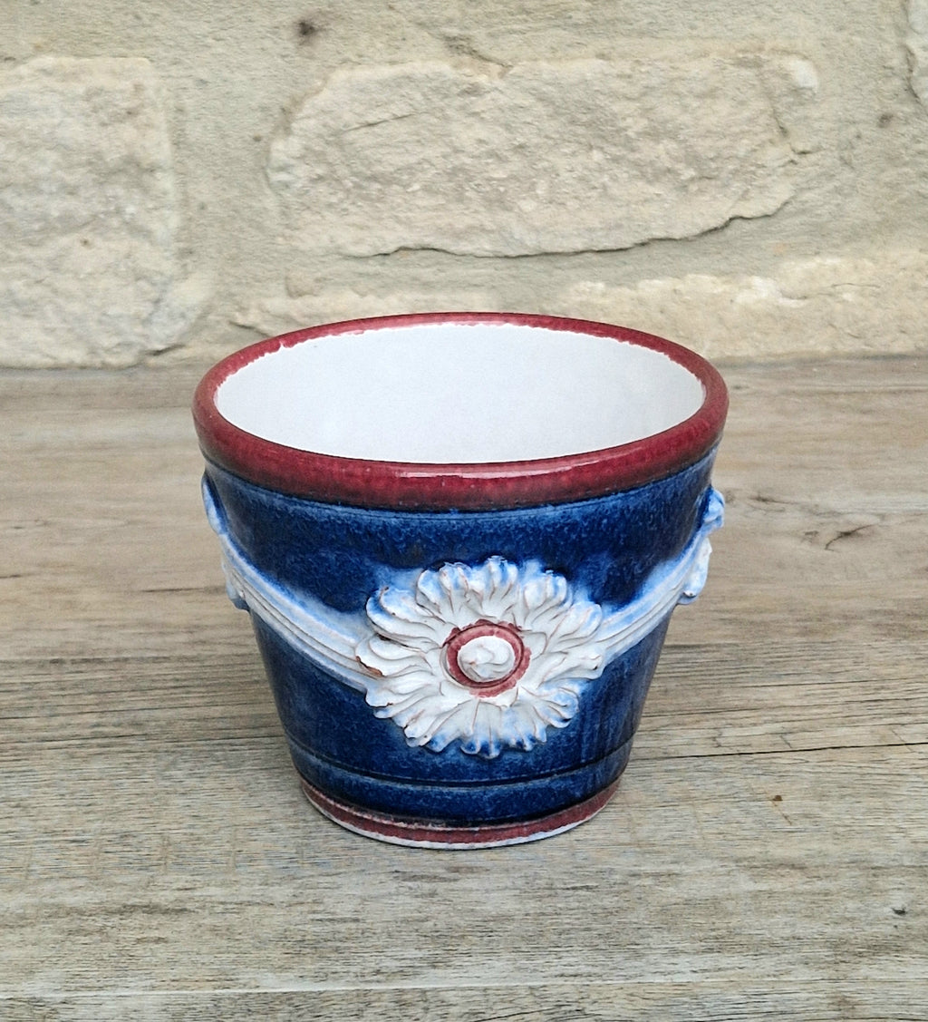 Italian Majolica Ceramic Blue & Red Floral Planter Vase Vintage