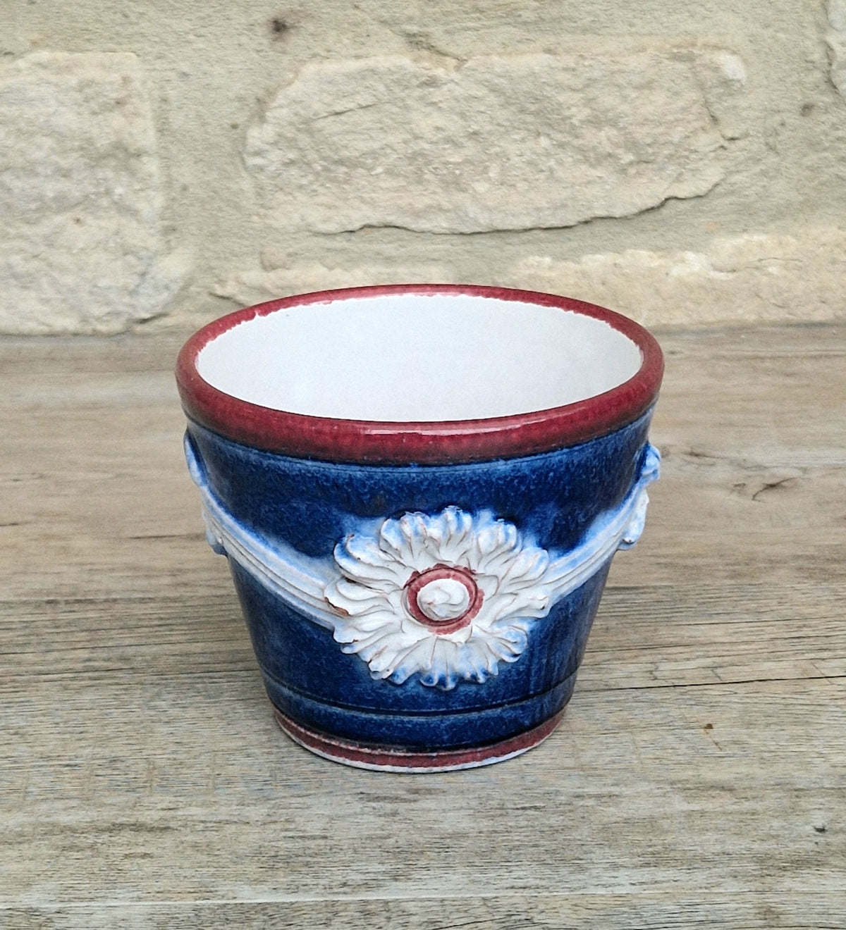 Italian Majolica Ceramic Blue & Red Floral Planter Vase Vintage