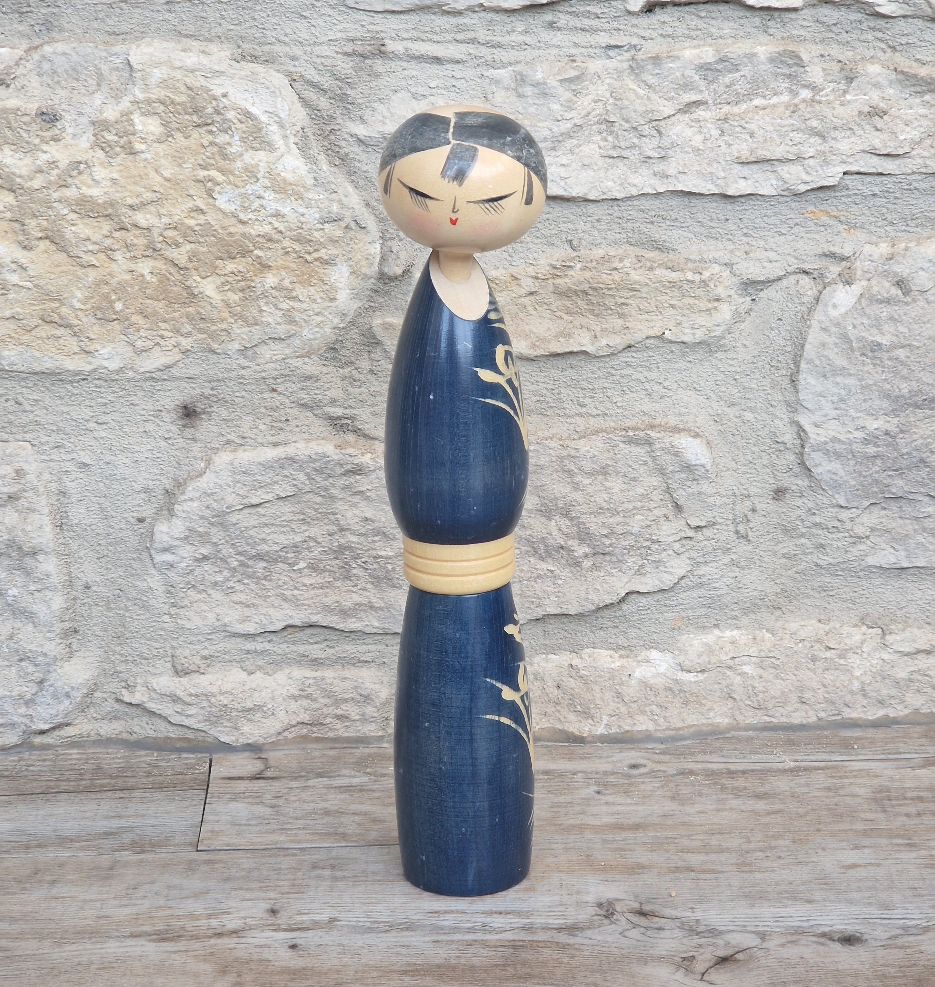 Vintage Japanese Sosaku Kokeshi Doll by Sato Suigai Signed Semishigure Blue Wooden Folk Art 25cm