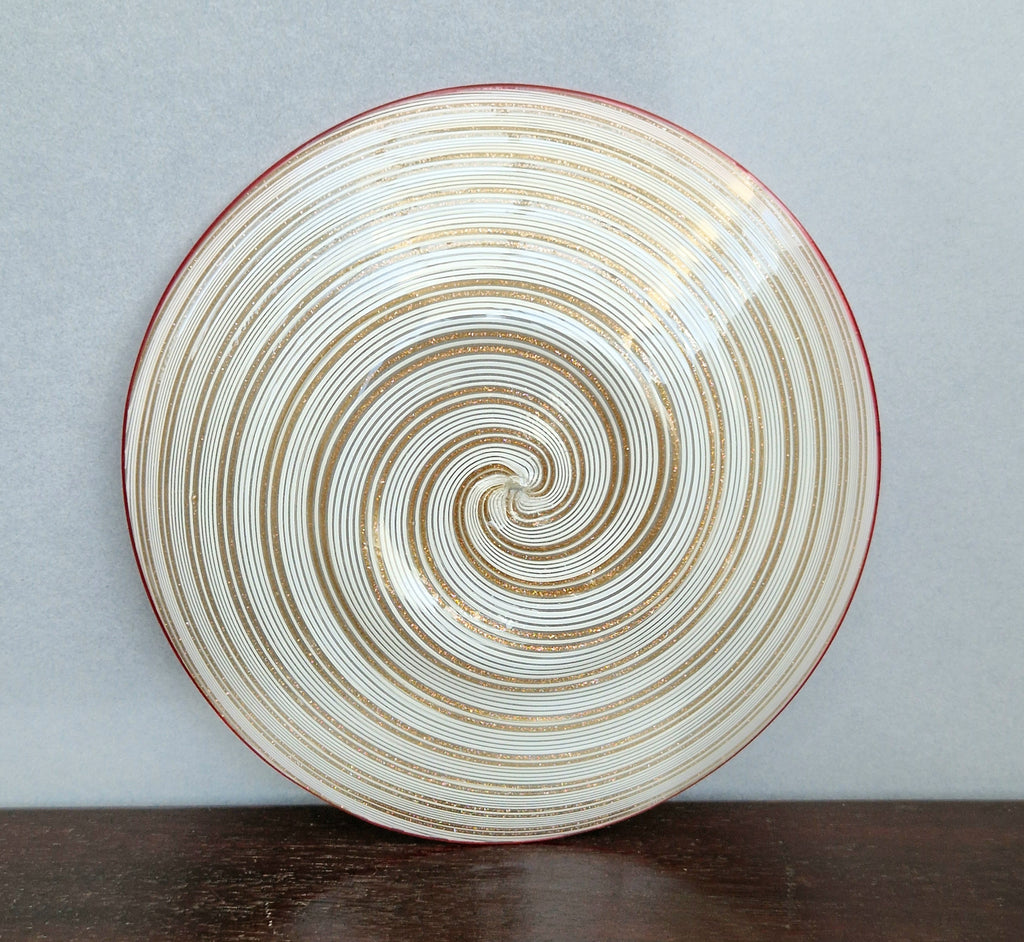 Antique Salviati Murano Glass Plate, Mezza Filigrana, Copper Aventurine, Red Rim, Venetian, c.1860–1872, 17.8cm, Rare Collectable