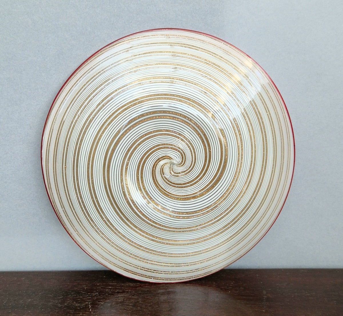 Antique Salviati Murano Glass Plate, Mezza Filigrana, Copper Aventurine, Red Rim, Venetian, c.1860–1872, 17.8cm, Rare Collectable
