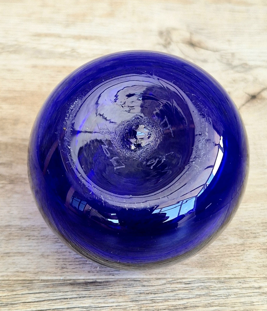 Signed Bristol Blue Glass Hollow Friendship Ball 6.5cm Handmade Vintage British Studio Art Orb