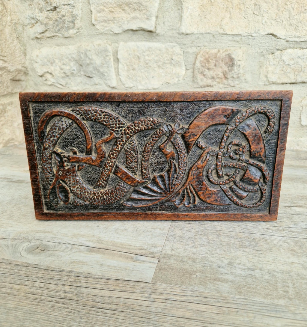 Antique Oak Dragon Foot Stool Carved Celtic Design, Rustic Foldable Furniture