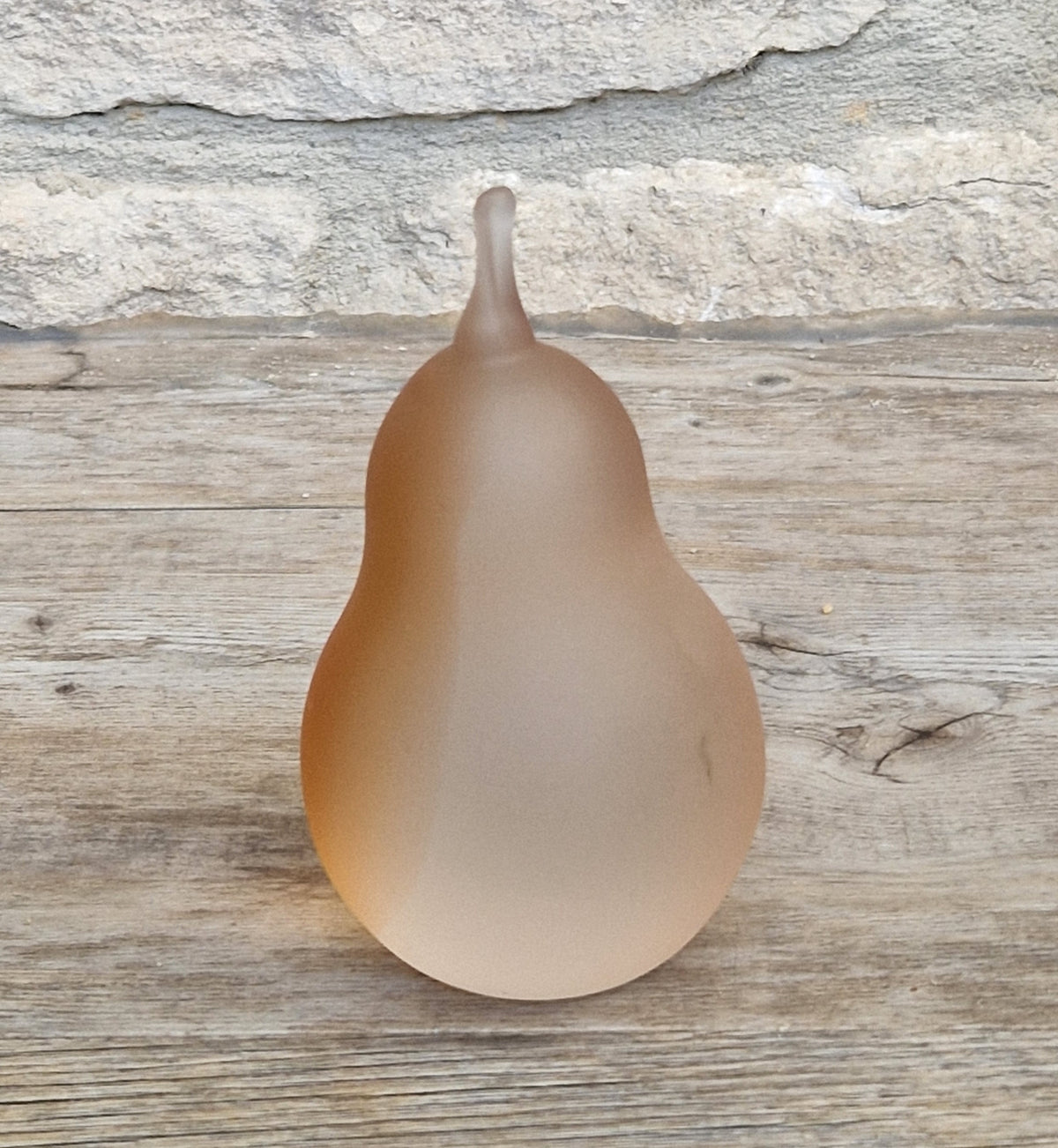 Vintage 10.5cm Frosted Peach Art Glass Pear Paperweight Mid Century Modern Satin Fruit Decor