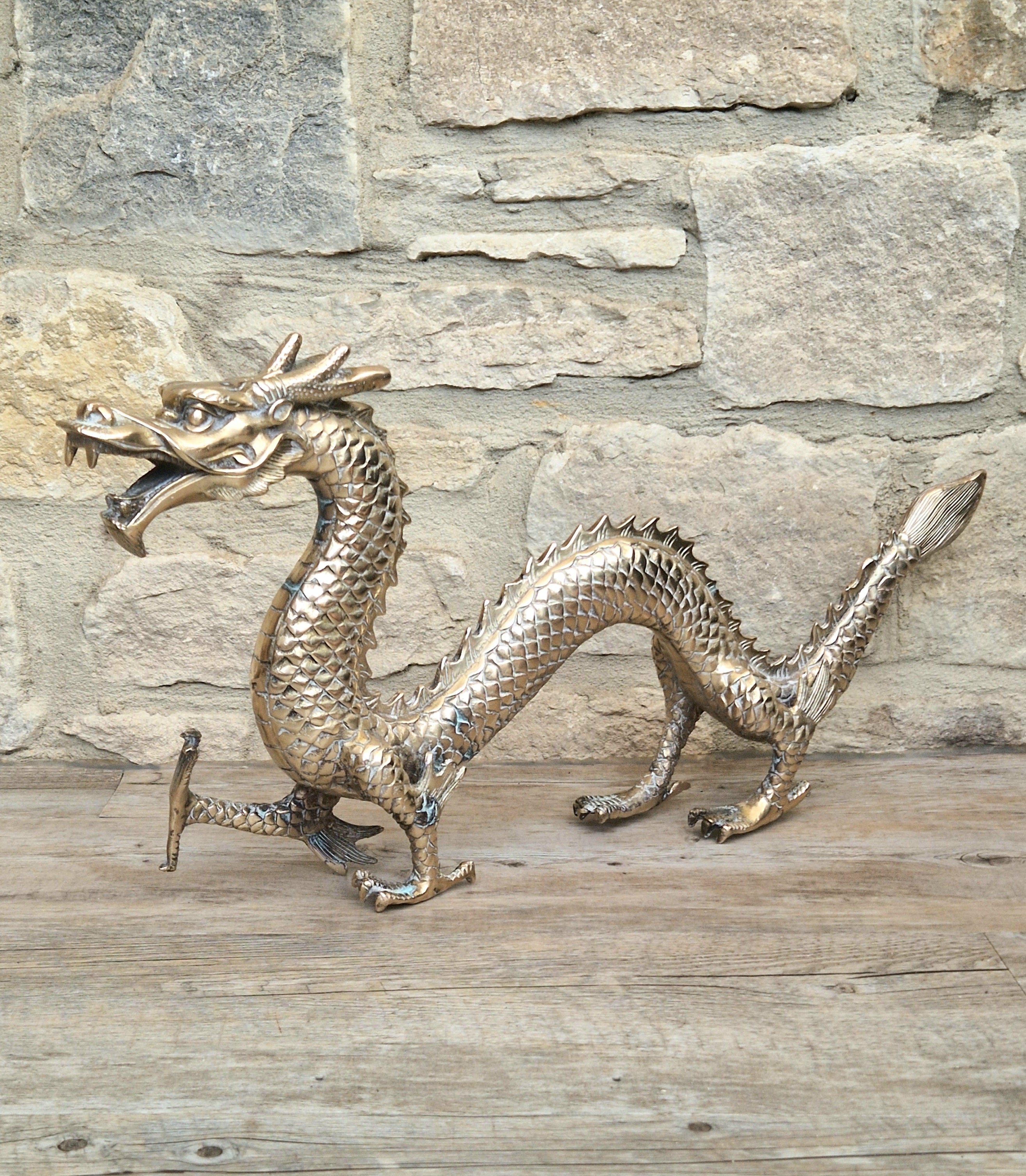 Mid Century High Quality Large Sand-Cast Brass Heavy Chinese Mythical Dragon Figure 51cm