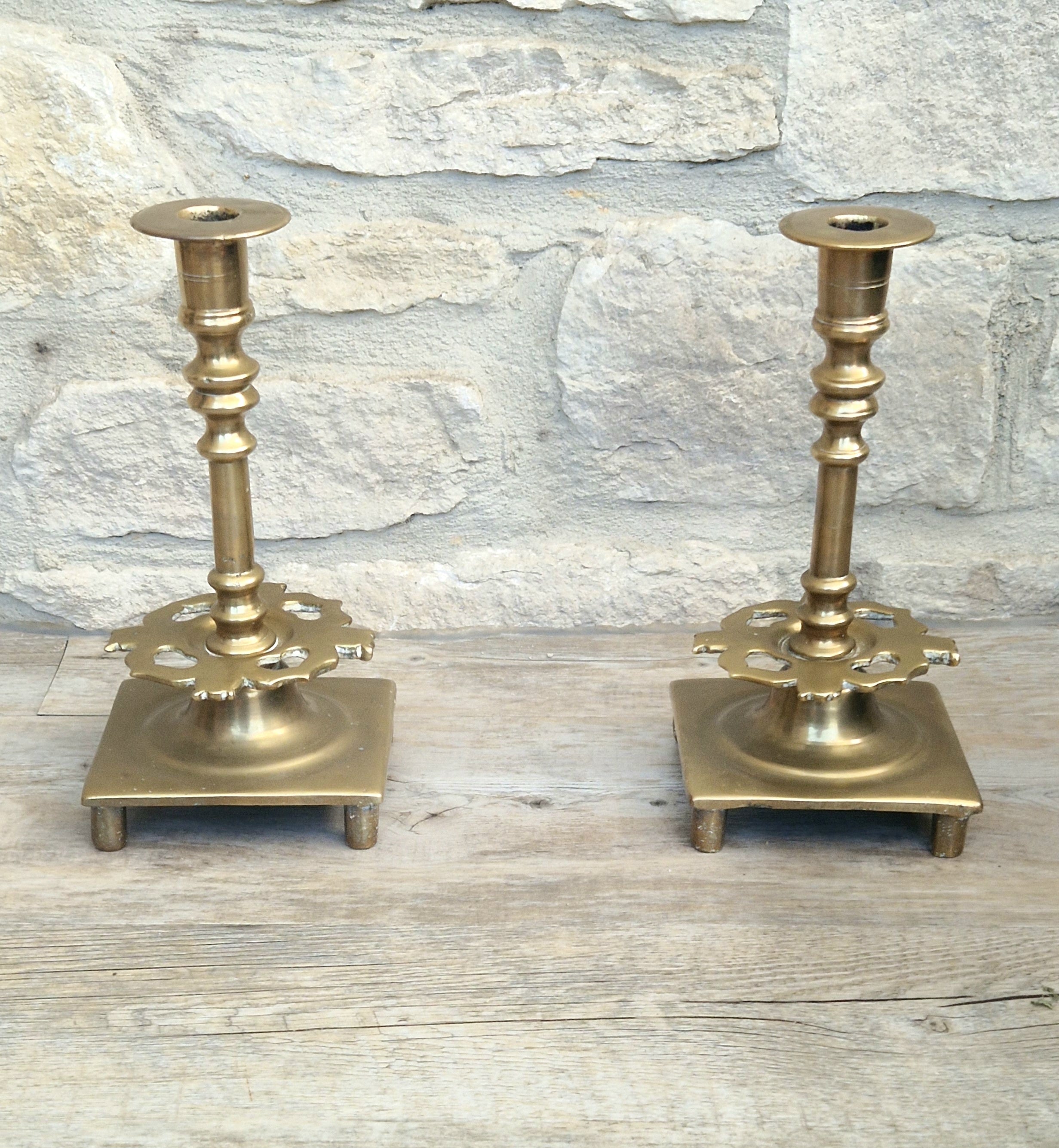 18th Century Solid Turned Brass Russian Sabbat Candle Holder Sticks Very Rare