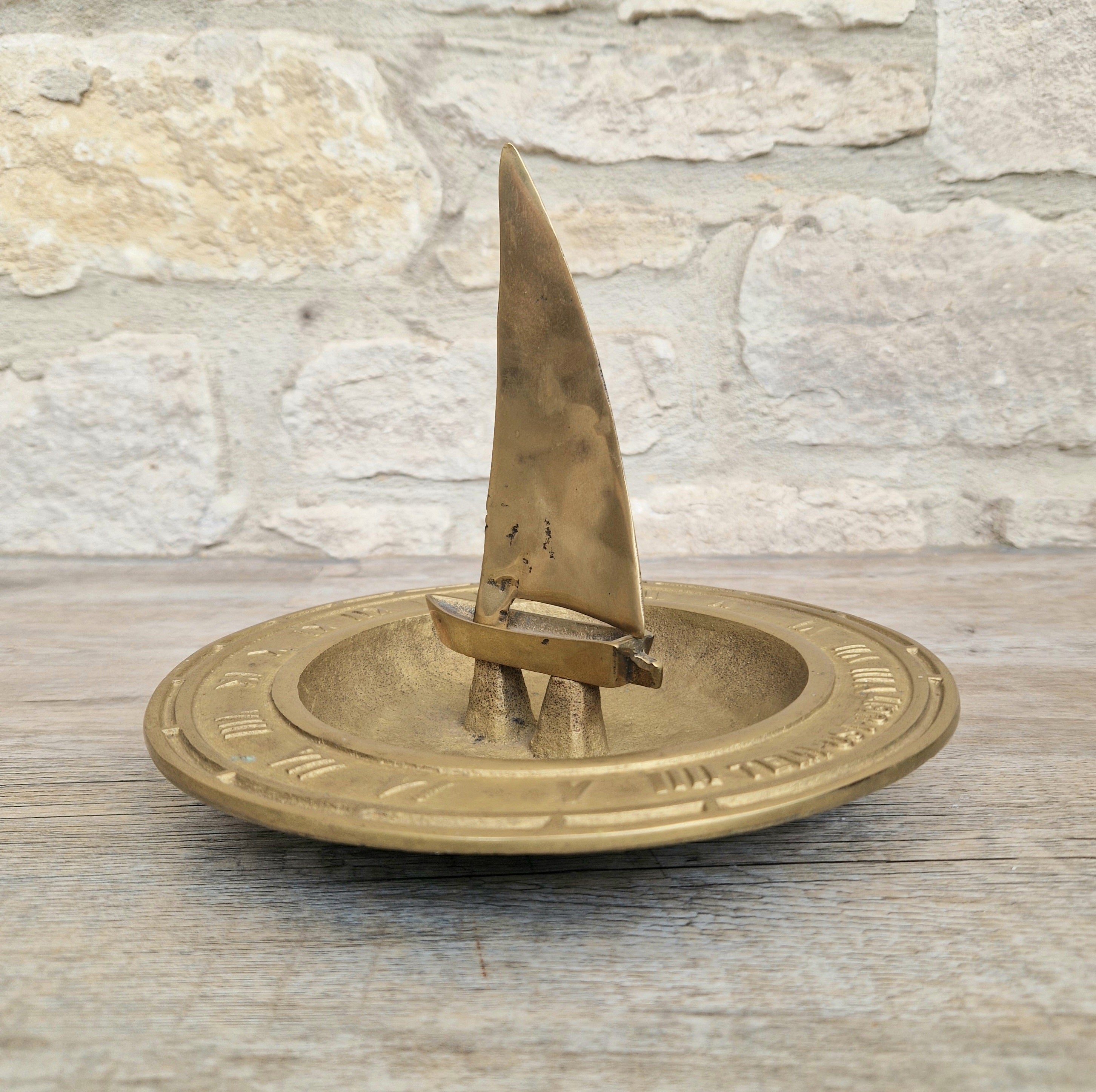 Bronze & Brass Sailing Boat Birdbath Sundial Vintage Garden Ornament