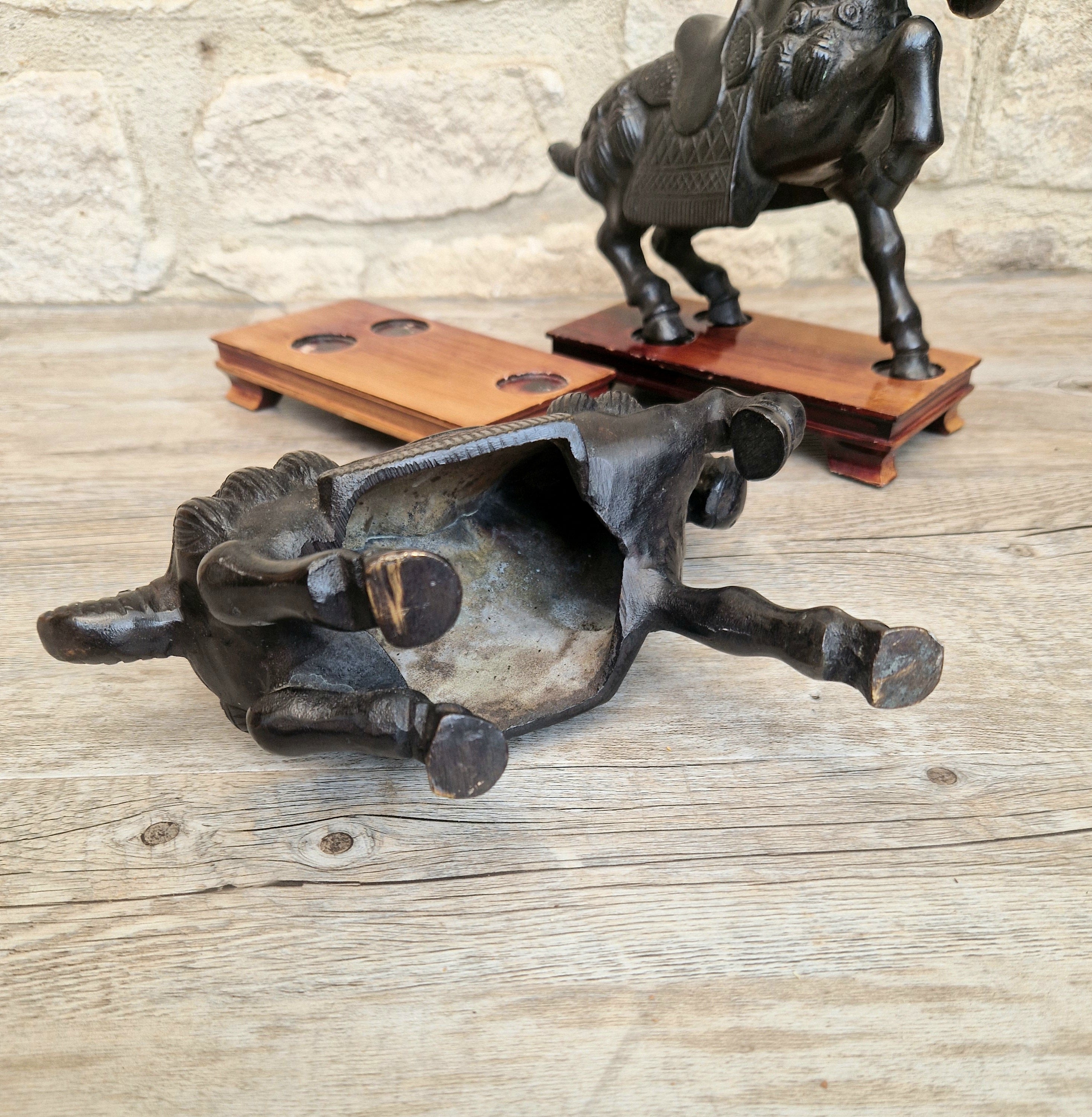 Fine Pair of Vintage Heavy Cast Bronze Tang-Style Chinese Horse Sculptures On Wooden Plinths