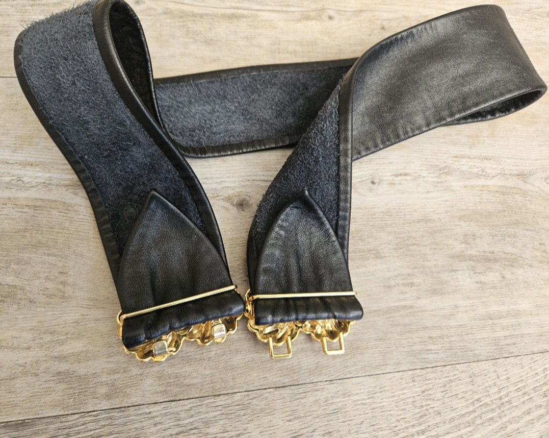 1980s Soft Black Leather Belt with Gold Metal Buckle 31" Long
