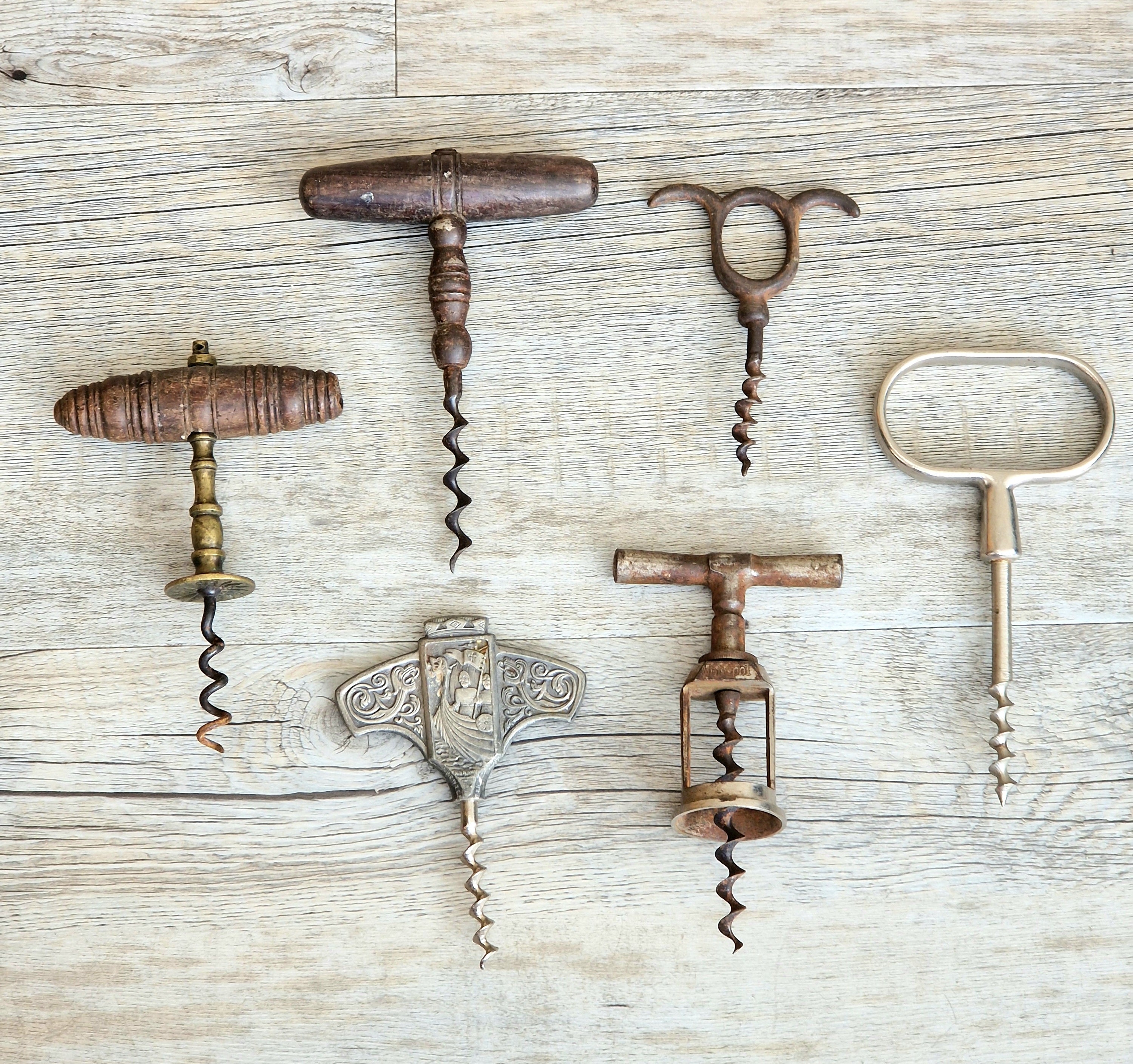 Antique Corkscrew Collection Lot Vintage T Handle Cellar Barware Openers x 6 Bar Decor