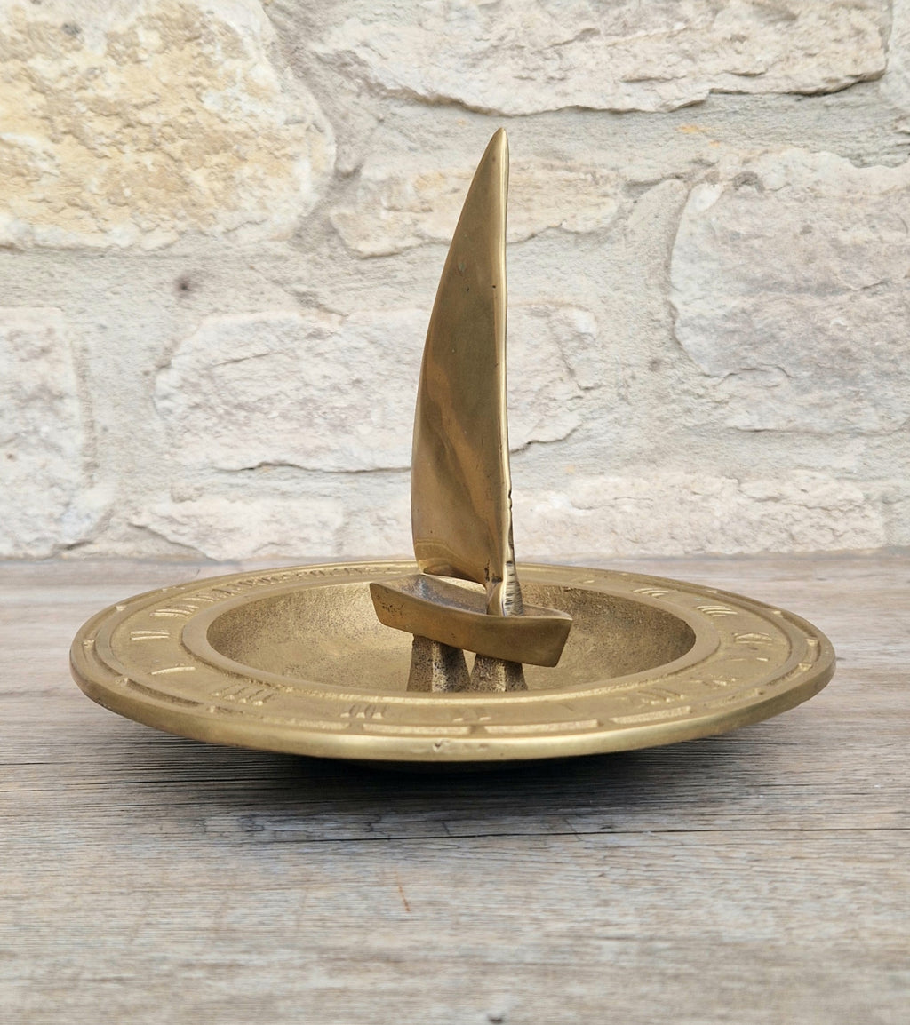 Bronze & Brass Sailing Boat Birdbath Sundial Vintage Garden Ornament