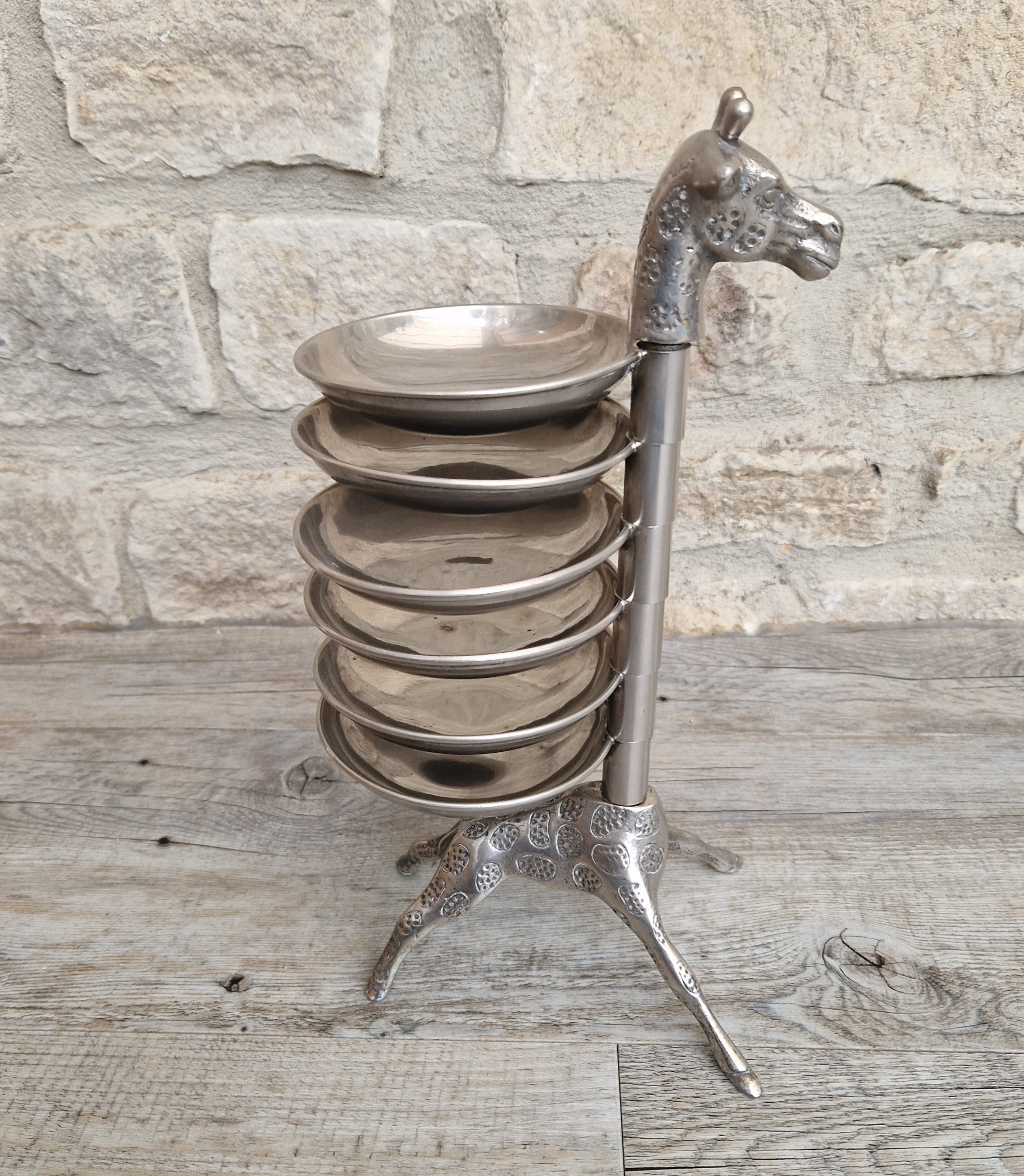 Vintage Midcentury 1960's Chrome Brass Novelty Giraffe 6 Dish h'orderves Serving Tray Stand