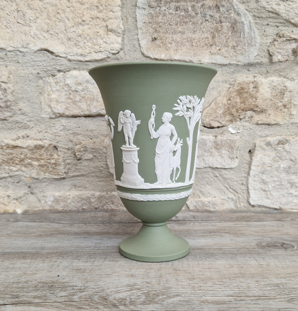 Wedgwood Sage Green Jasperware Arcadian Pedestal Trumpet Mantle Vase - Vintage.Made in England 17cm Tall
