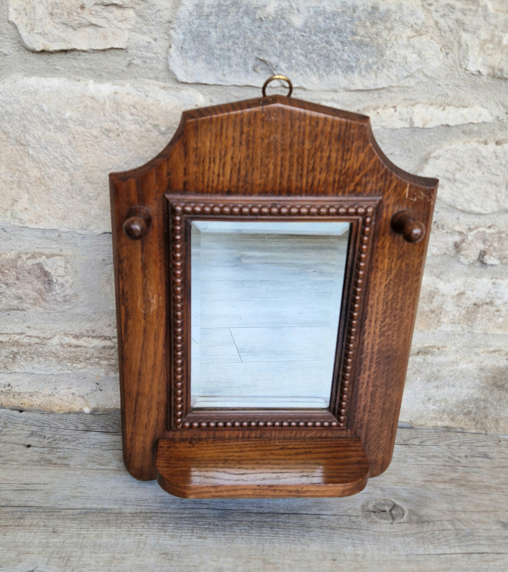 English Oak Arts & Crafts Wall Mirror Bevelled And Beaded Antique Mirror With Shelf And Hooks
