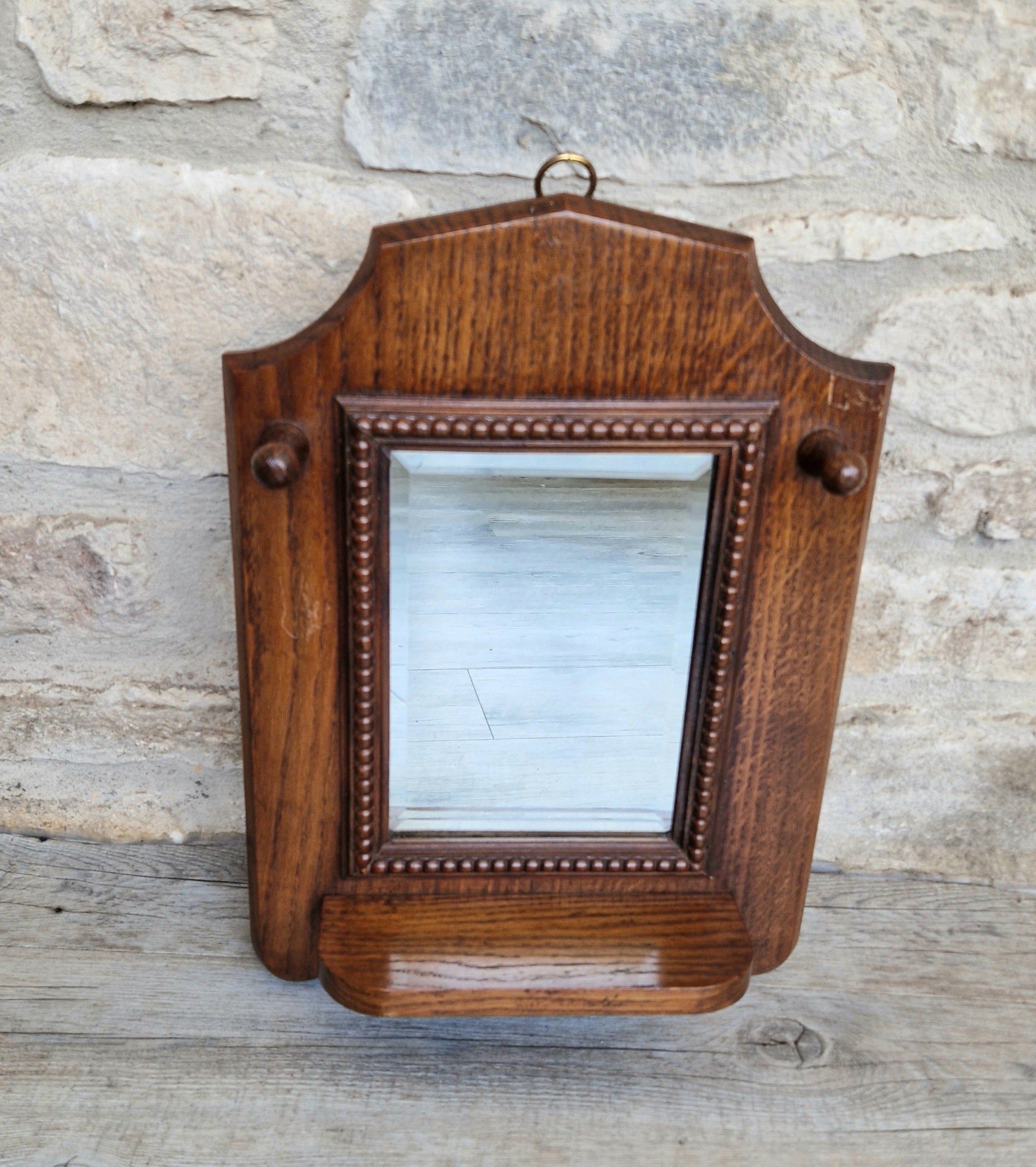 English Oak Arts & Crafts Wall Mirror Bevelled And Beaded Antique Mirror With Shelf And Hooks