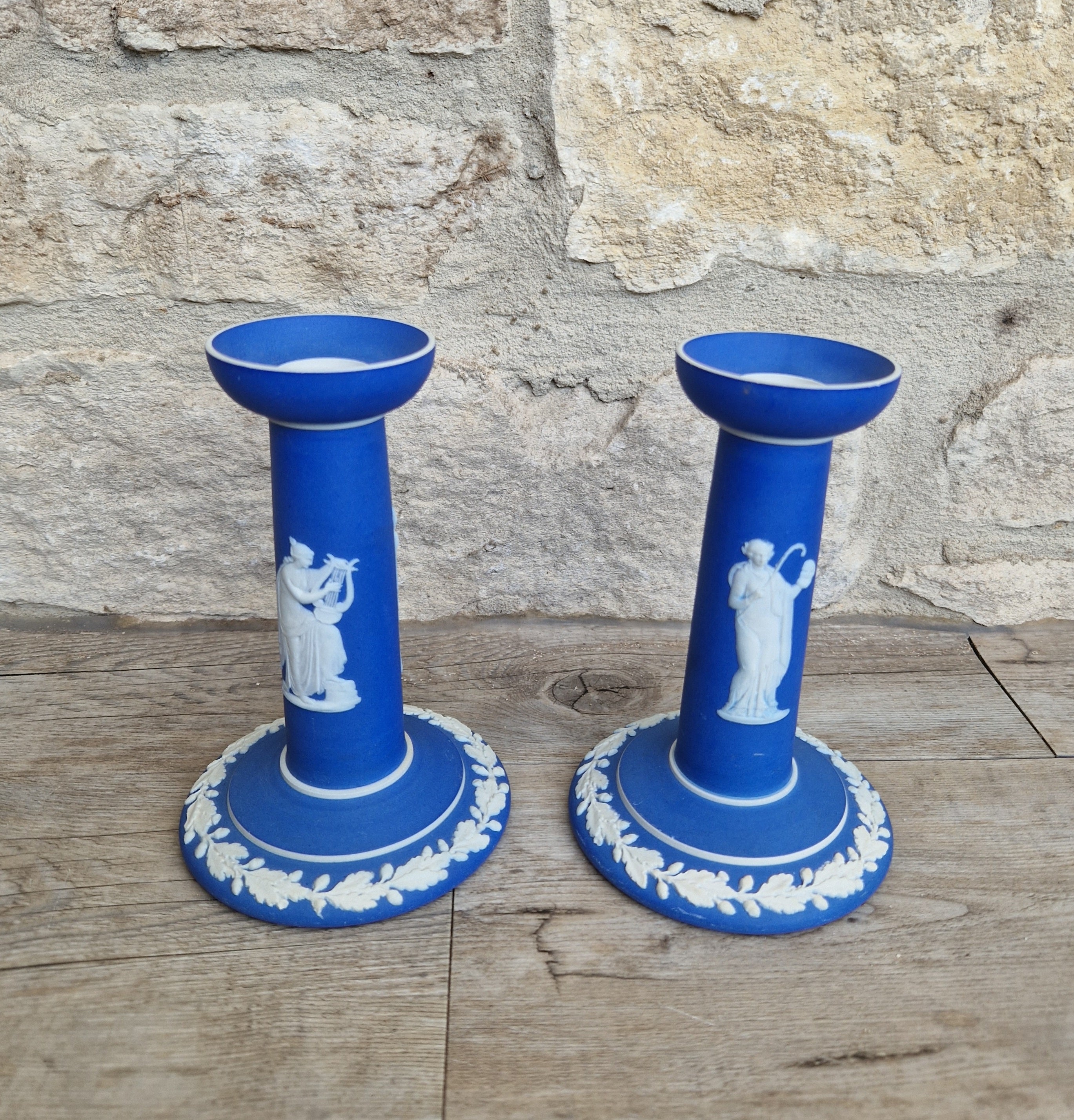 Vintage Wedgwood Jasperware Candlestick Pair: Dark Blue Taper Candle Holders