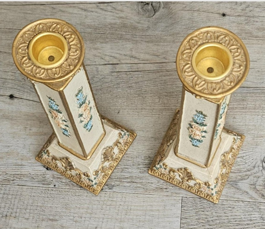 Ornate Vintage Pair Of Candlesticks Pedestal Column Resin Cream Gold Floral  9" Tall