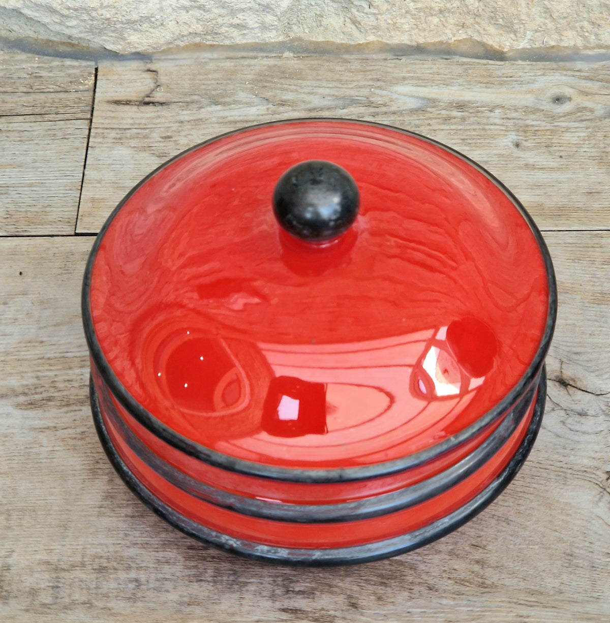 Art Deco Bohemian Red Black Hooped Glass Powder Box Covered Vanity Jar Jar Lid 12cm