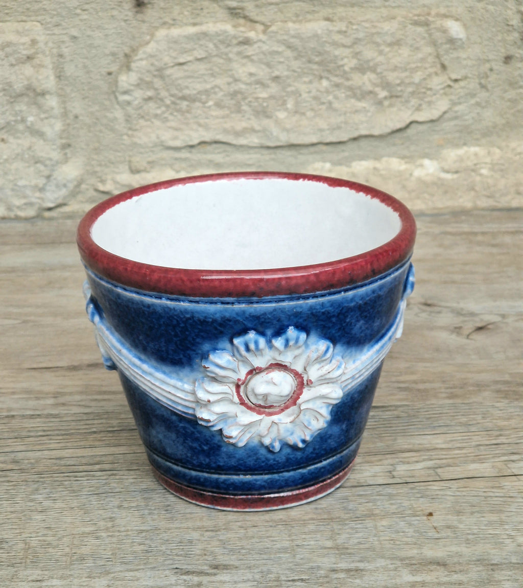 Italian Majolica Ceramic Blue & Red Floral Planter Vase Vintage